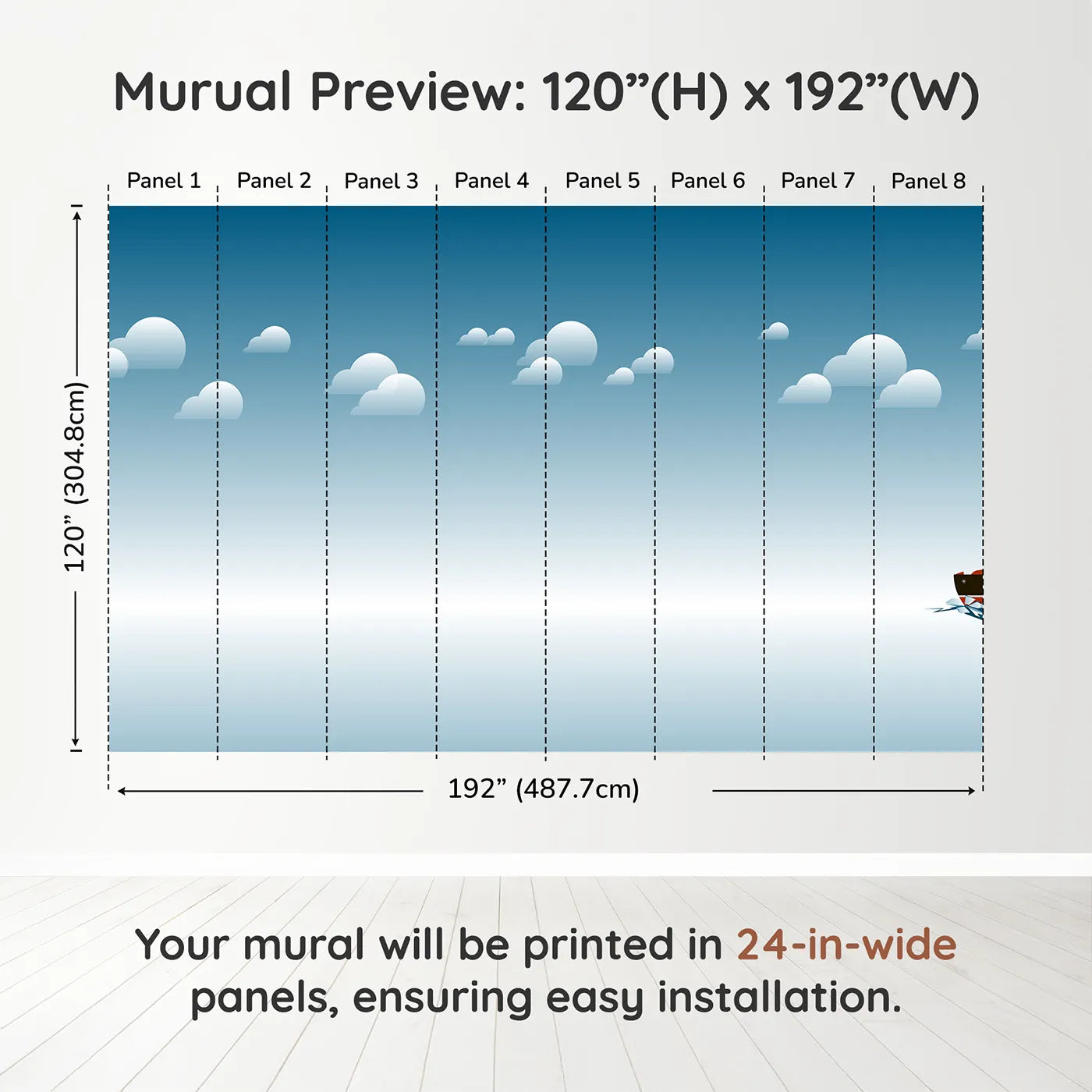 Whimsy Tots Arctic Icebreaker Ship Wall Muraldimension view (120" H x 192" W). Printed in eight 24-inch-wide panels. Gender-Neutral