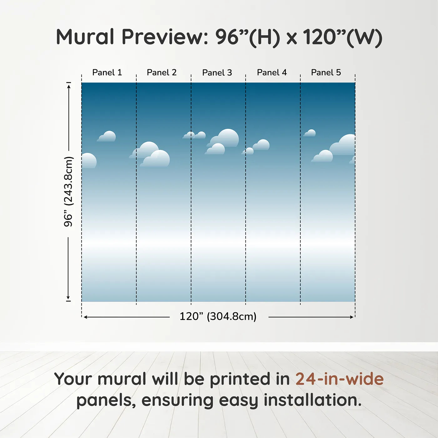 Whimsy Tots Arctic Icebreaker Ship Wall Muraldimension view (96" H x 120" W). Printed in five 24-inch-wide panels. Gender-Neutral