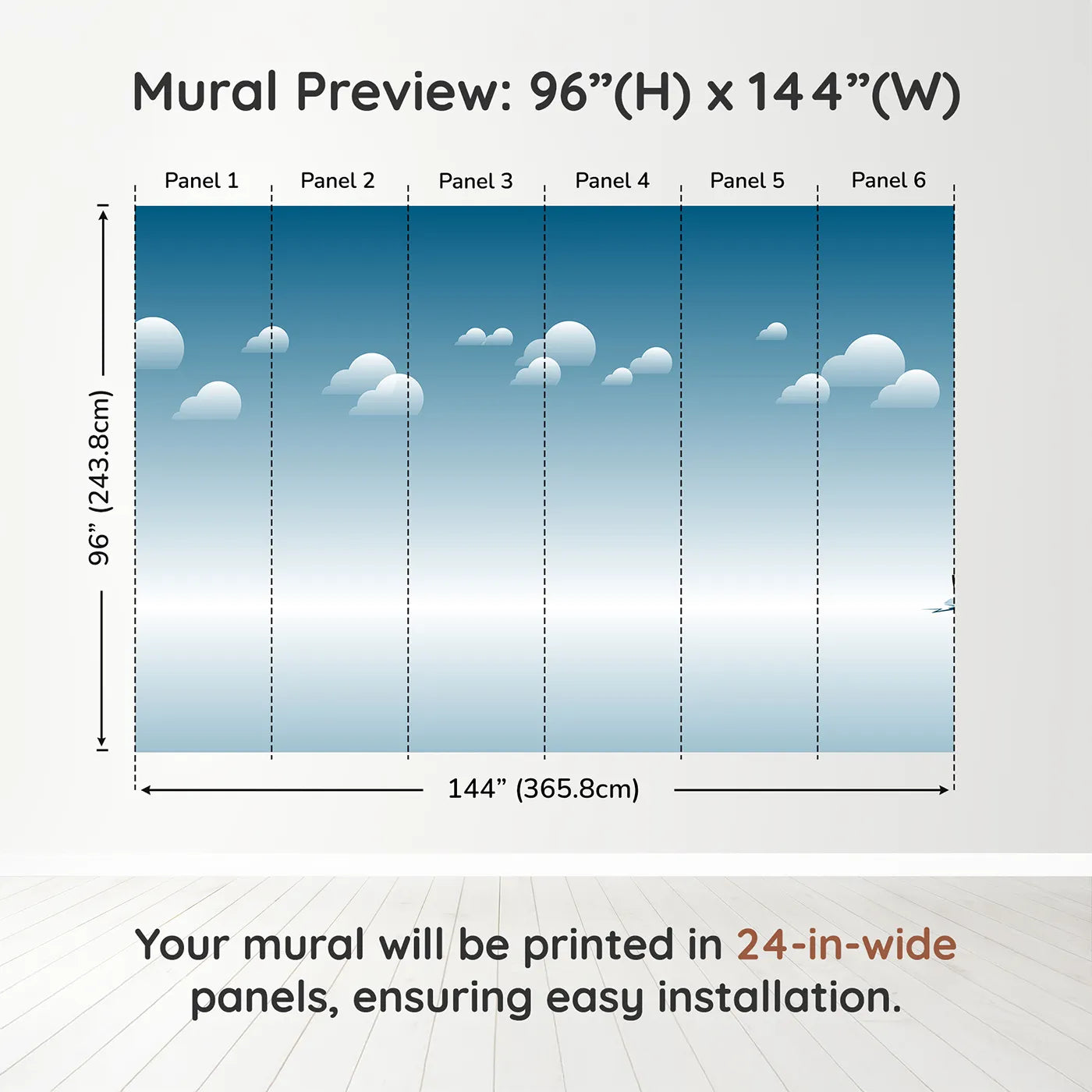 Whimsy Tots Arctic Icebreaker Ship Wall Muraldimension view (96" H x 144" W). Printed in six 24-inch-wide panels. Gender-Neutral