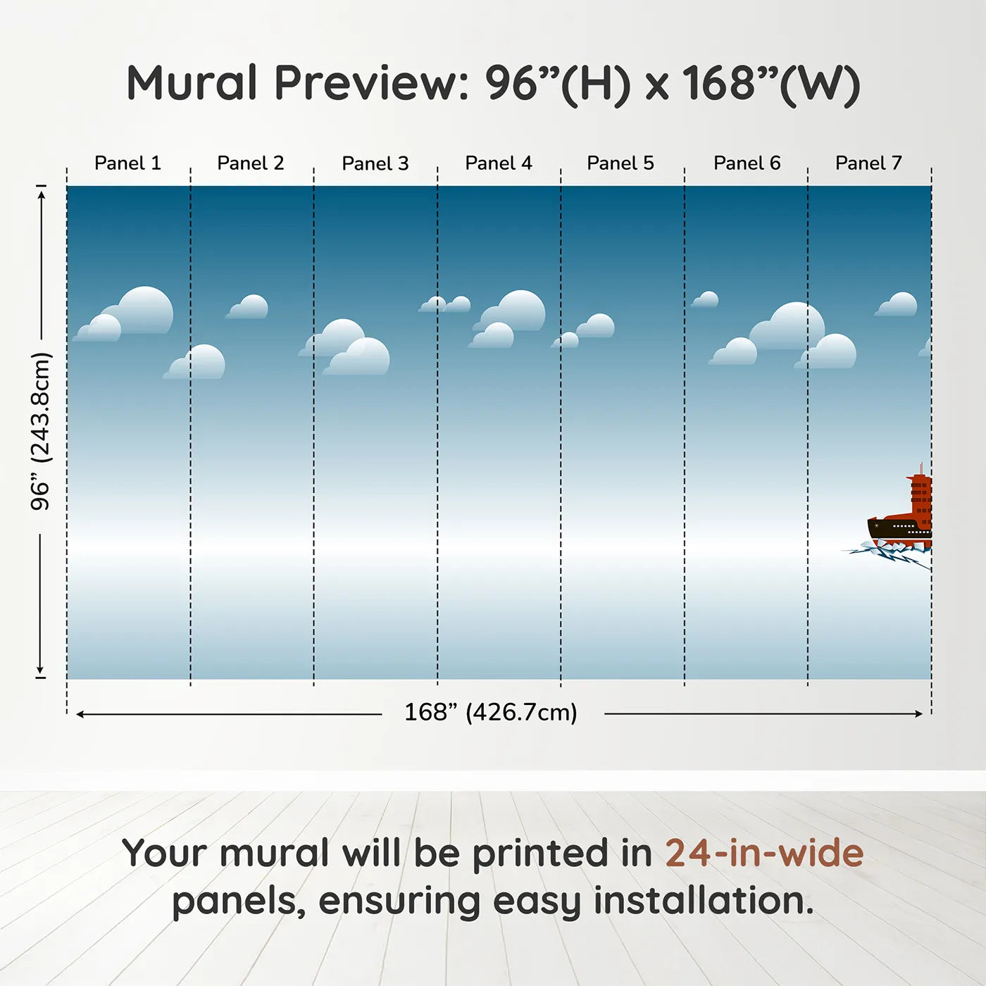 Whimsy Tots Arctic Icebreaker Ship Wall Muraldimension view (96" H x 168" W). Printed in seven 24-inch-wide panels. Gender-Neutral