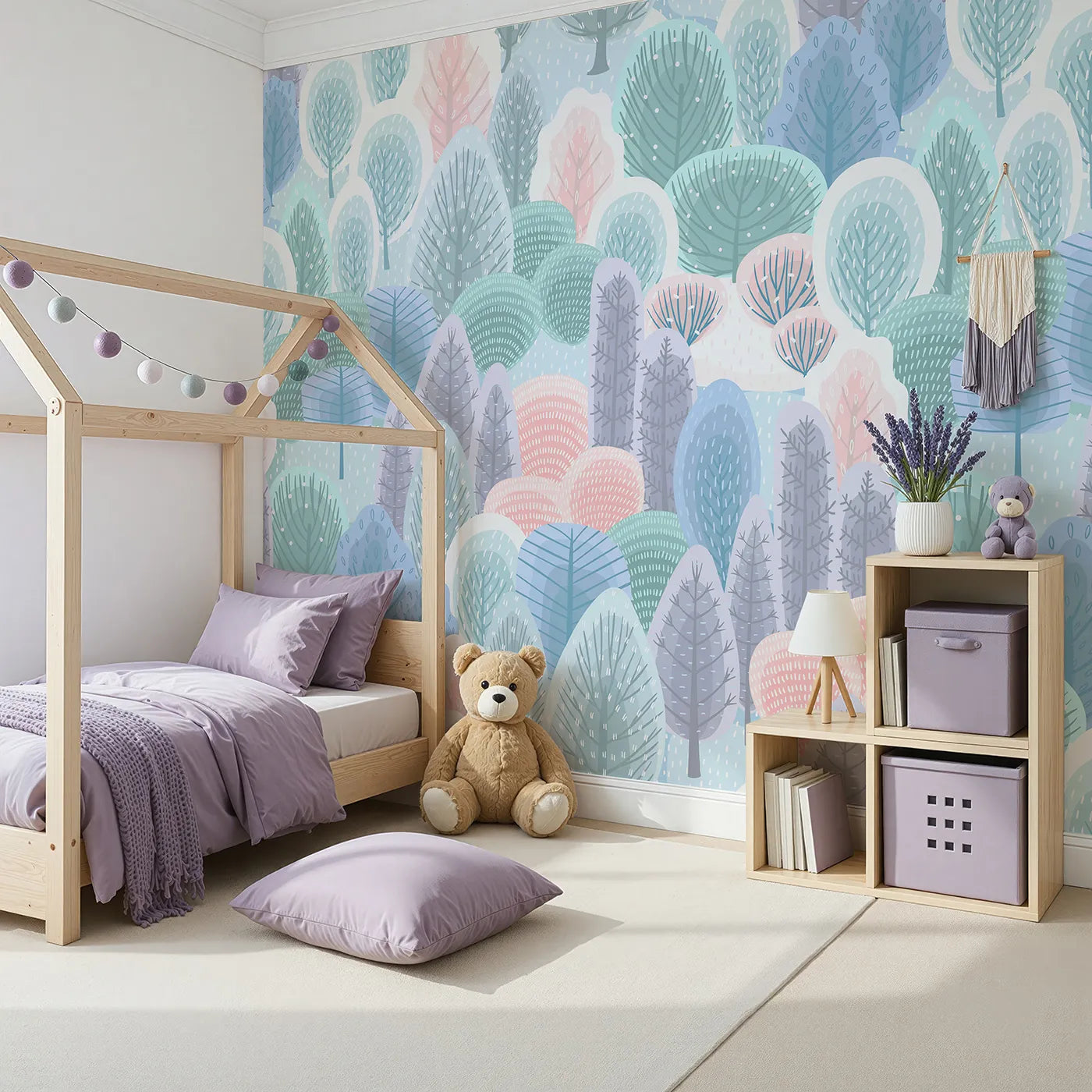 Angled view of Whimsy Tots' Pastel Winter Woods Wall Mural (Turn Their Room into a Forest of Candy-Colored Trees).Gender-Neutral