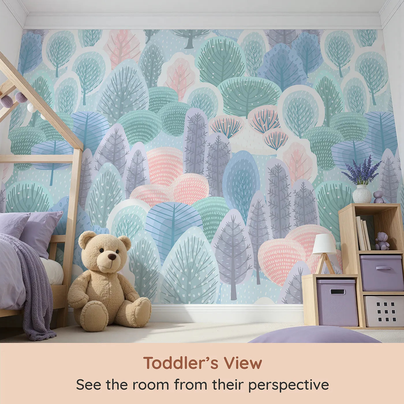 Whimsy Tots Pastel Winter Woods Wall Mural (Turn Their Room into a Forest of Candy-Colored Trees) from your child's view.Gender-Neutral