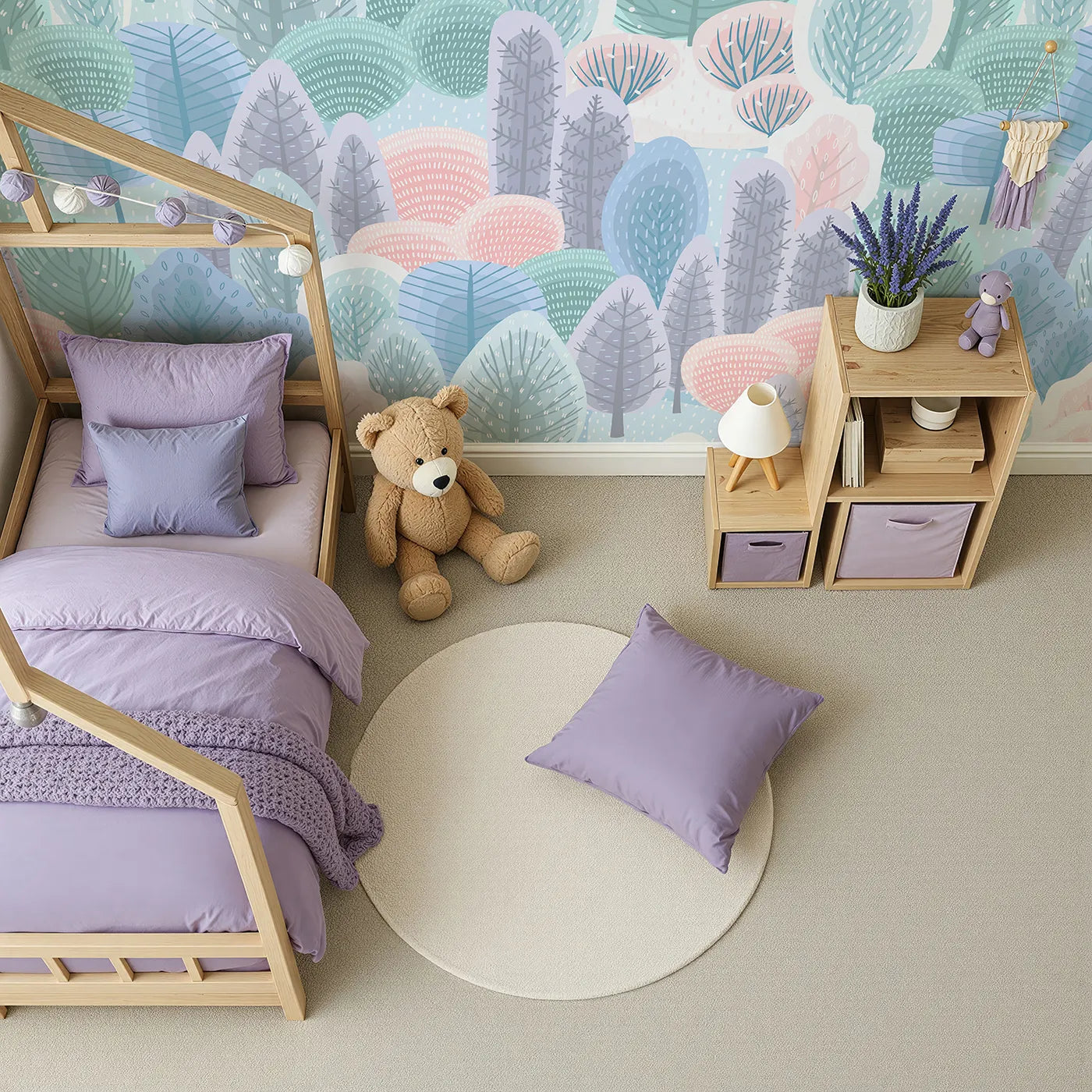 Top-down view of Whimsy Tots' Pastel Winter Woods Wall Mural (Turn Their Room into a Forest of Candy-Colored Trees).Gender-Neutral