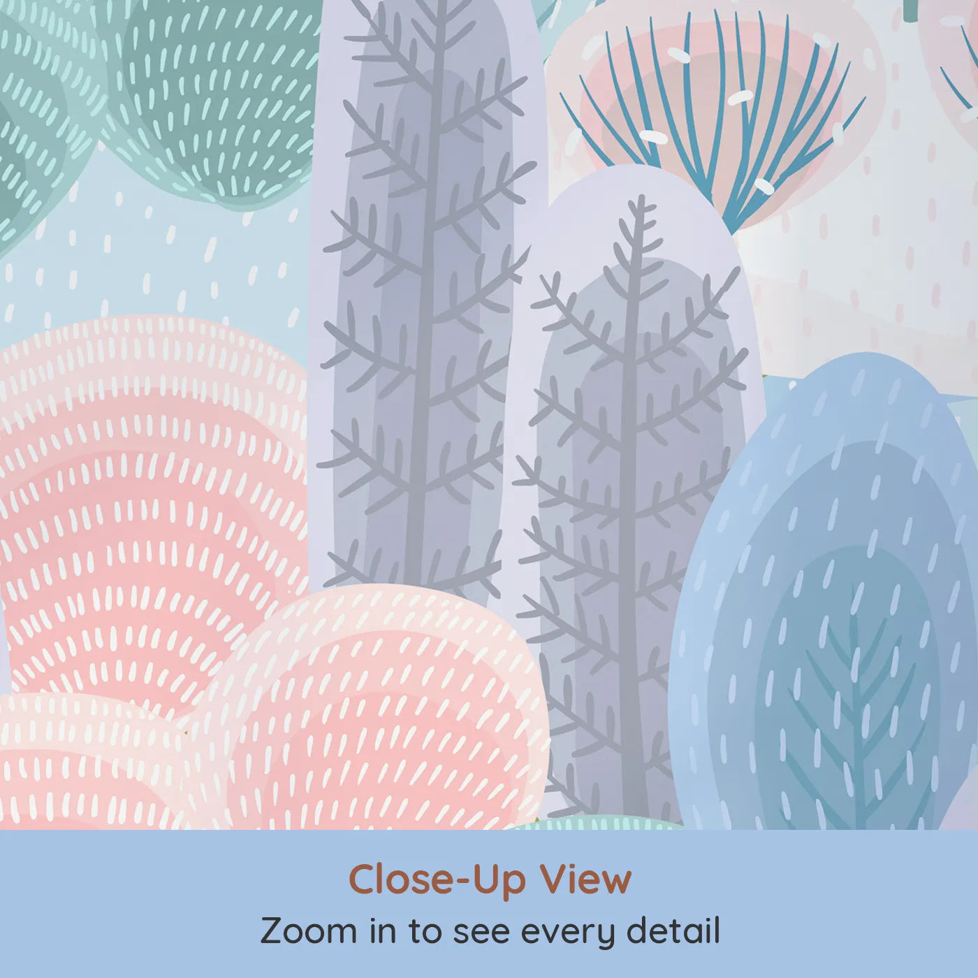 Close-up view of Whimsy Tots' Pastel Winter Woods Wall Mural (Turn Their Room into a Forest of Candy-Colored Trees).Gender-Neutral