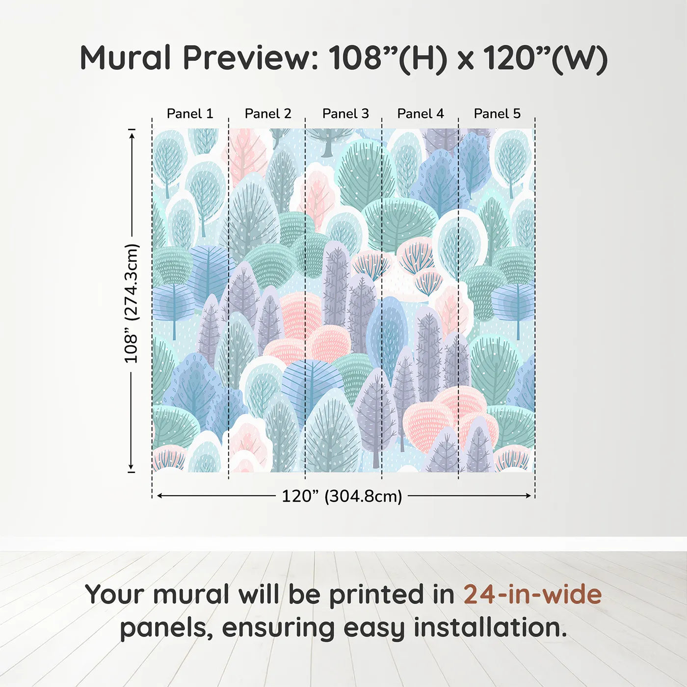 Whimsy Tots Pastel Winter Woods Wall Muraldimension view (108" H x 120" W). Printed in five 24-inch-wide panels. Gender-Neutral