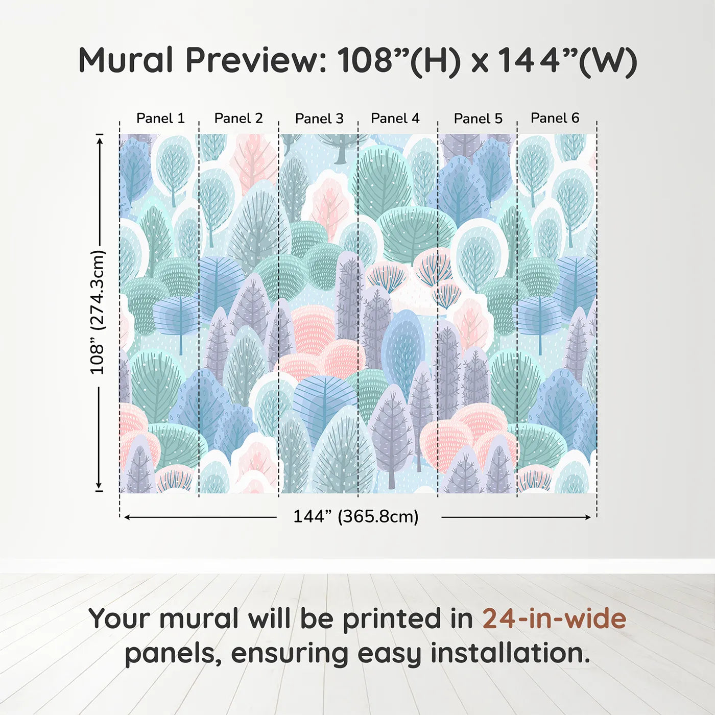 Whimsy Tots Pastel Winter Woods Wall Muraldimension view (108" H x 144" W). Printed in six 24-inch-wide panels. Gender-Neutral