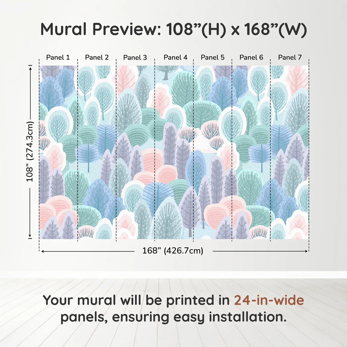 Whimsy Tots Pastel Winter Woods Wall Muraldimension view (108" H x 168" W). Printed in seven 24-inch-wide panels. Gender-Neutral