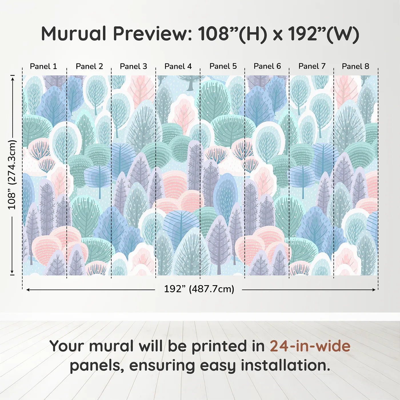 Whimsy Tots Pastel Winter Woods Wall Muraldimension view (108" H x 192" W). Printed in eight 24-inch-wide panels. Gender-Neutral