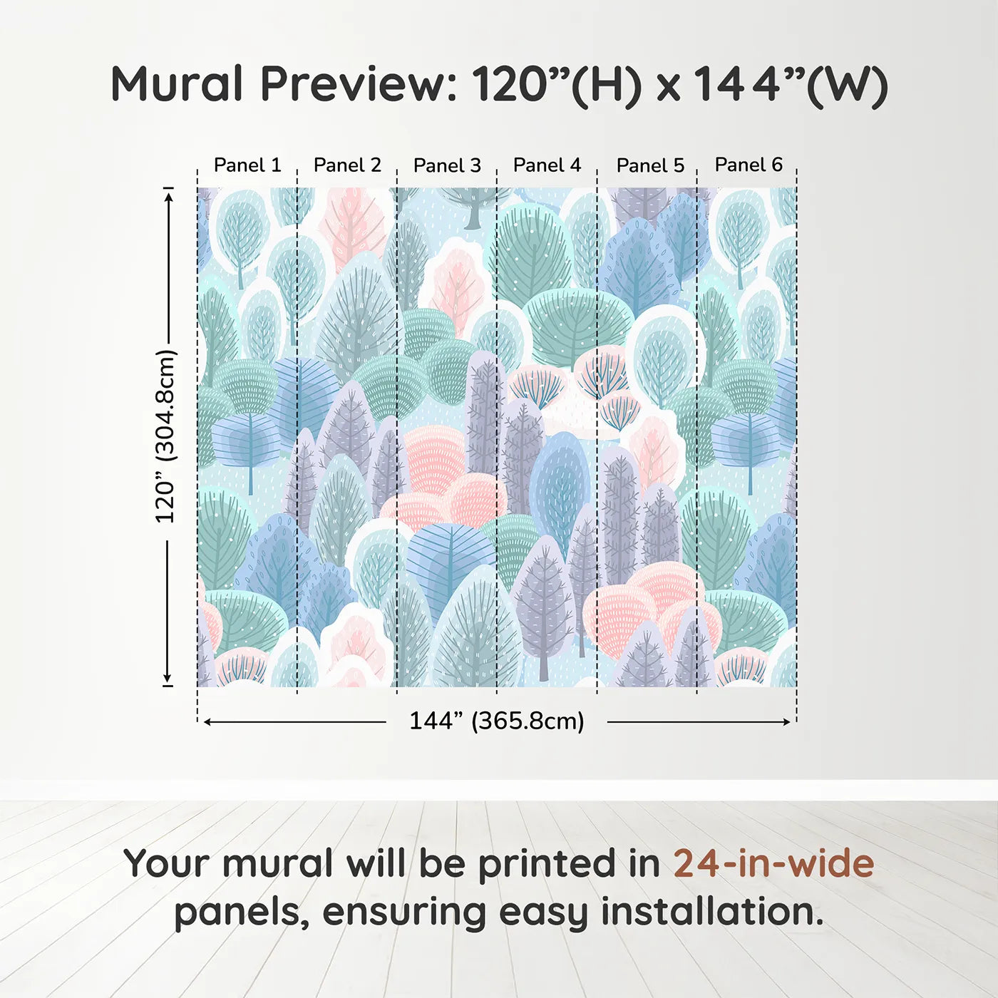 Whimsy Tots Pastel Winter Woods Wall Muraldimension view (120" H x 144" W). Printed in six 24-inch-wide panels. Gender-Neutral