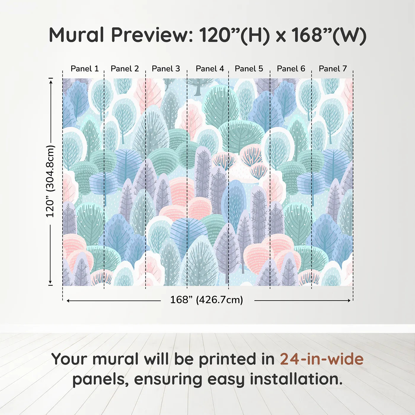Whimsy Tots Pastel Winter Woods Wall Muraldimension view (120" H x 168" W). Printed in seven 24-inch-wide panels. Gender-Neutral