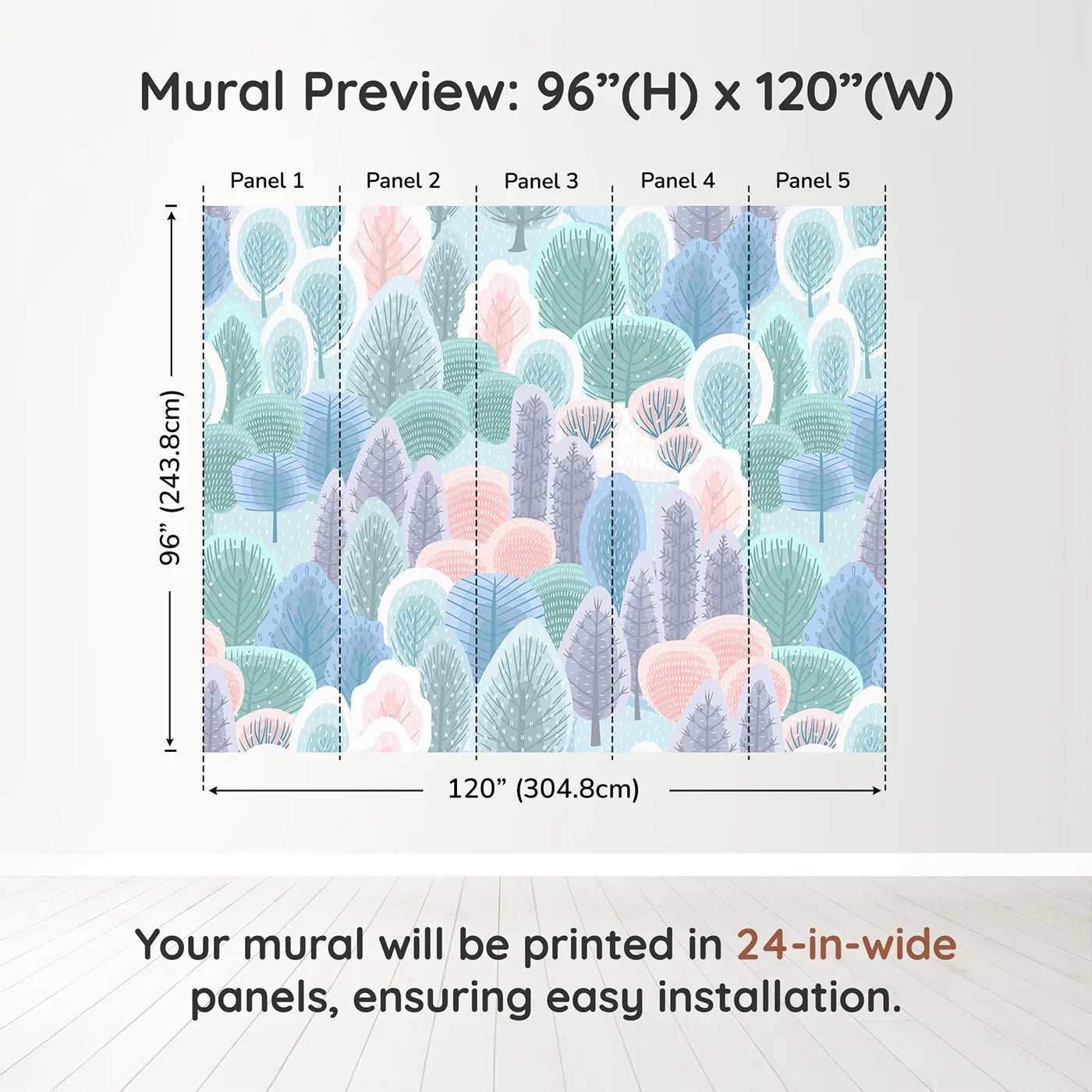 Whimsy Tots Pastel Winter Woods Wall Muraldimension view (96" H x 120" W). Printed in five 24-inch-wide panels. Gender-Neutral