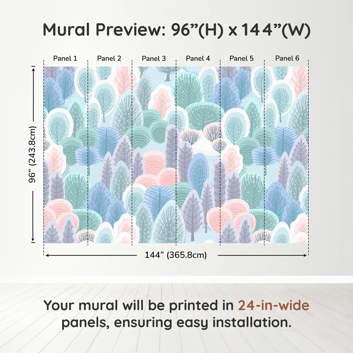 Whimsy Tots Pastel Winter Woods Wall Muraldimension view (96" H x 144" W). Printed in six 24-inch-wide panels. Gender-Neutral