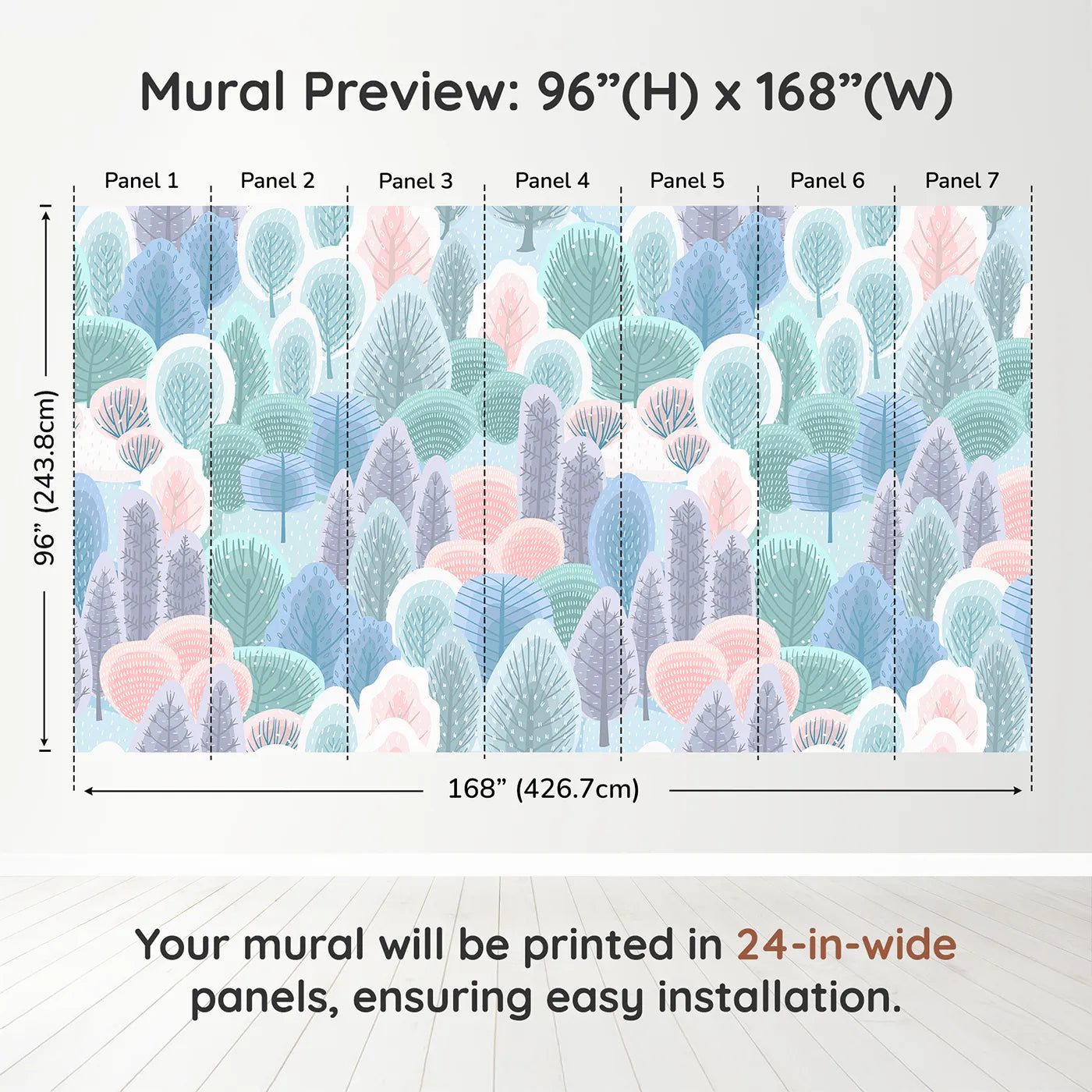 Whimsy Tots Pastel Winter Woods Wall Muraldimension view (96" H x 168" W). Printed in seven 24-inch-wide panels. Gender-Neutral