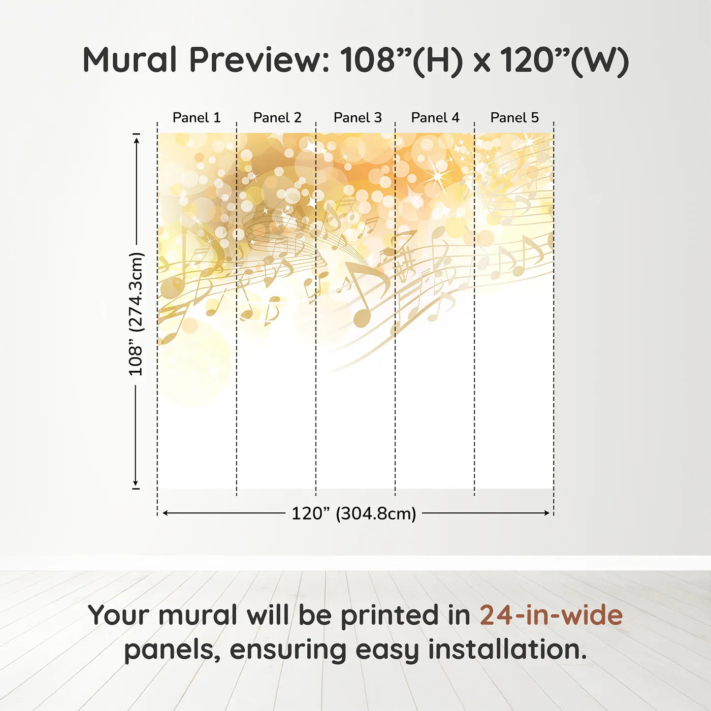 Whimsy Tots Golden Music Sparkle Wall Muraldimension view (108" H x 120" W). Printed in five 24-inch-wide panels. Gender-Neutral