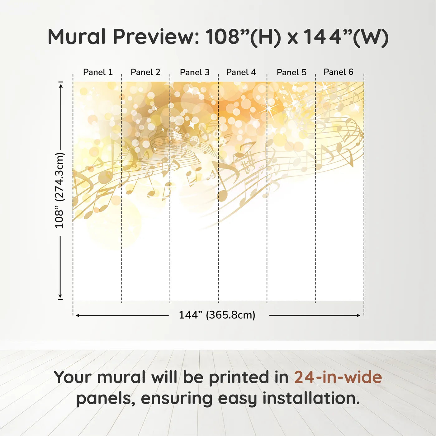 Whimsy Tots Golden Music Sparkle Wall Muraldimension view (108" H x 144" W). Printed in six 24-inch-wide panels. Gender-Neutral