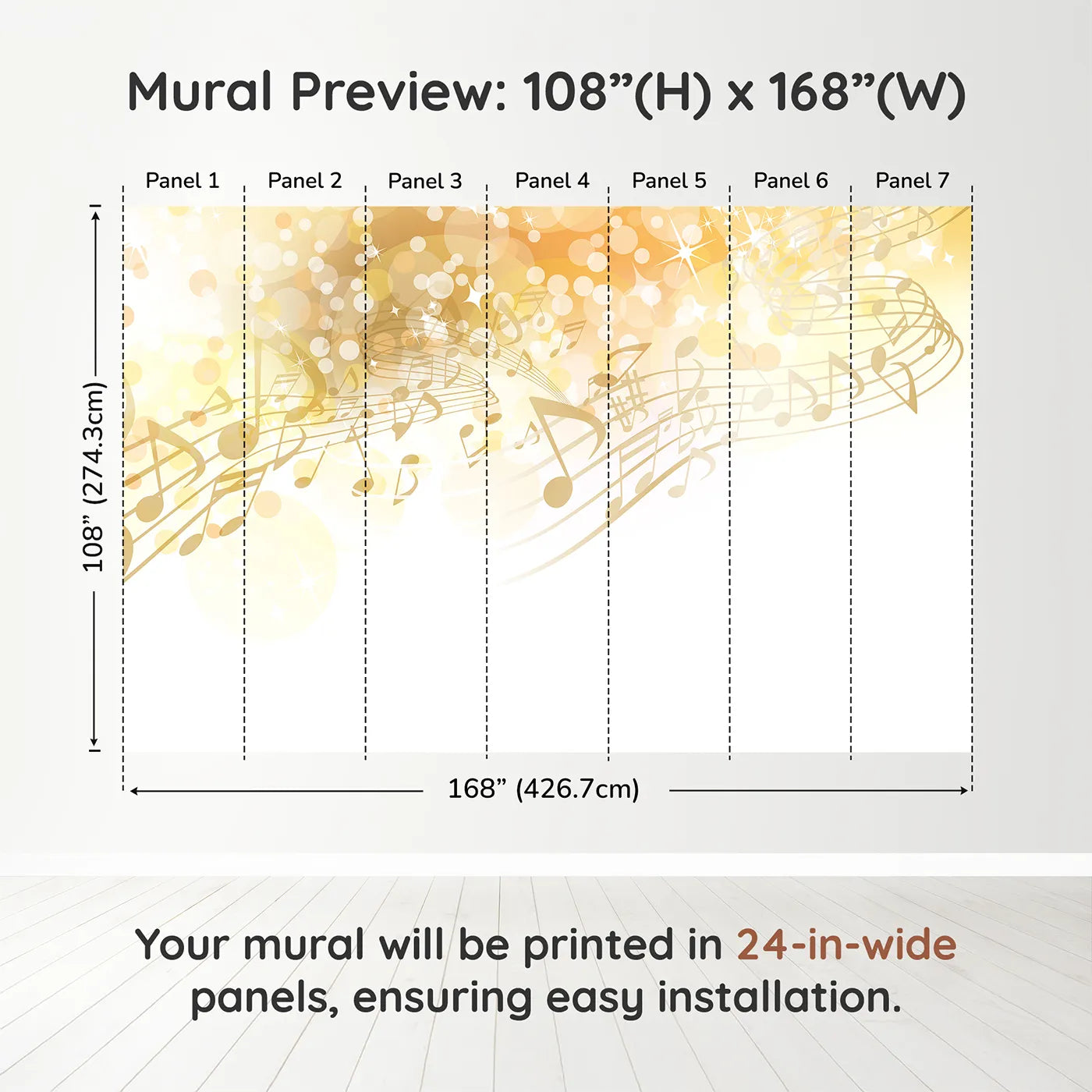 Whimsy Tots Golden Music Sparkle Wall Muraldimension view (108" H x 168" W). Printed in seven 24-inch-wide panels. Gender-Neutral