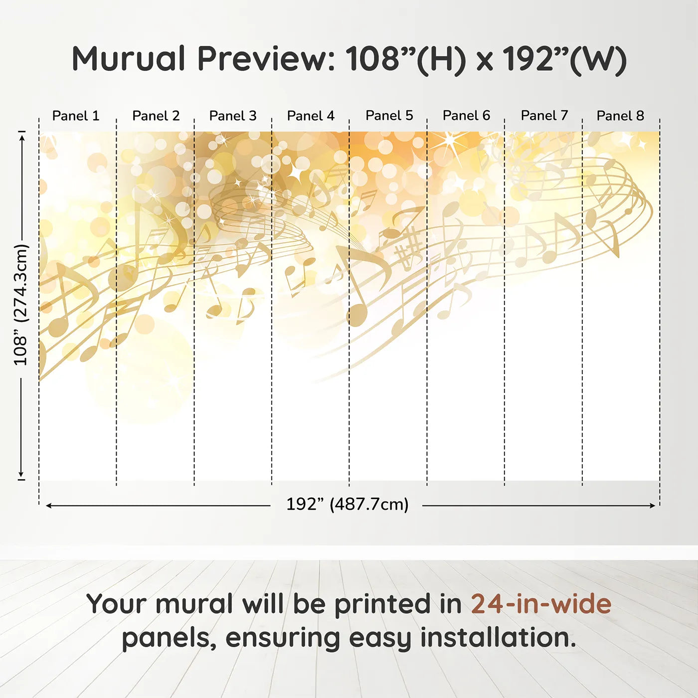 Whimsy Tots Golden Music Sparkle Wall Muraldimension view (108" H x 192" W). Printed in eight 24-inch-wide panels. Gender-Neutral