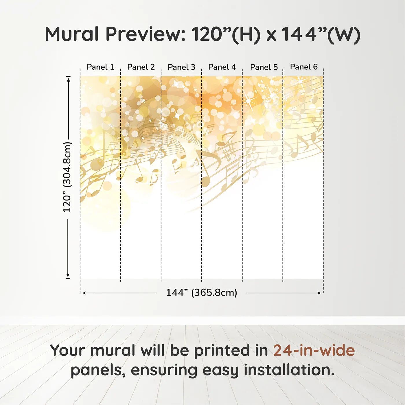 Whimsy Tots Golden Music Sparkle Wall Muraldimension view (120" H x 144" W). Printed in six 24-inch-wide panels. Gender-Neutral