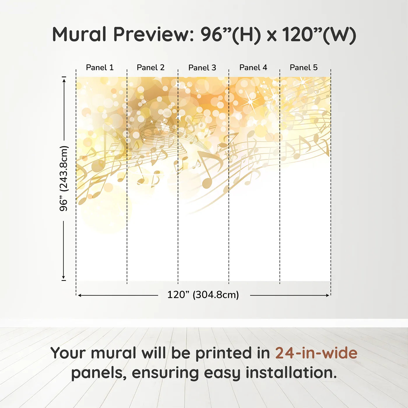 Whimsy Tots Golden Music Sparkle Wall Muraldimension view (96" H x 120" W). Printed in five 24-inch-wide panels. Gender-Neutral