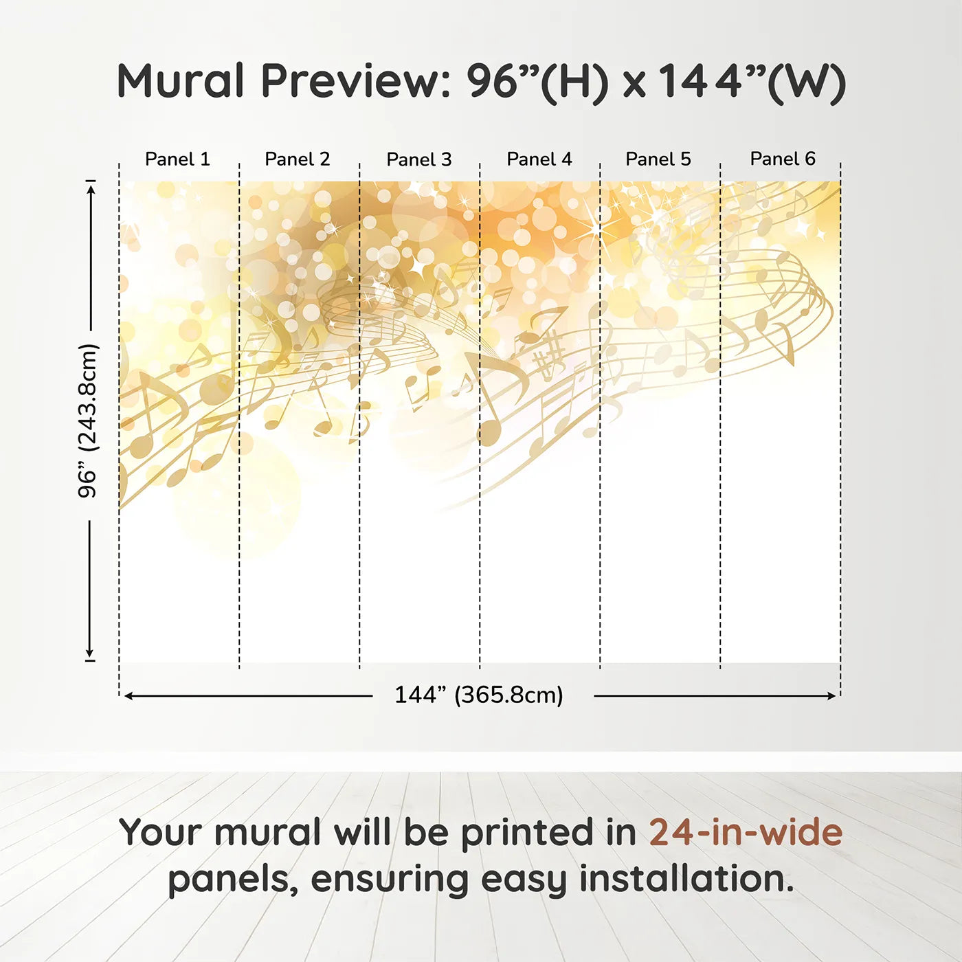 Whimsy Tots Golden Music Sparkle Wall Muraldimension view (96" H x 144" W). Printed in six 24-inch-wide panels. Gender-Neutral