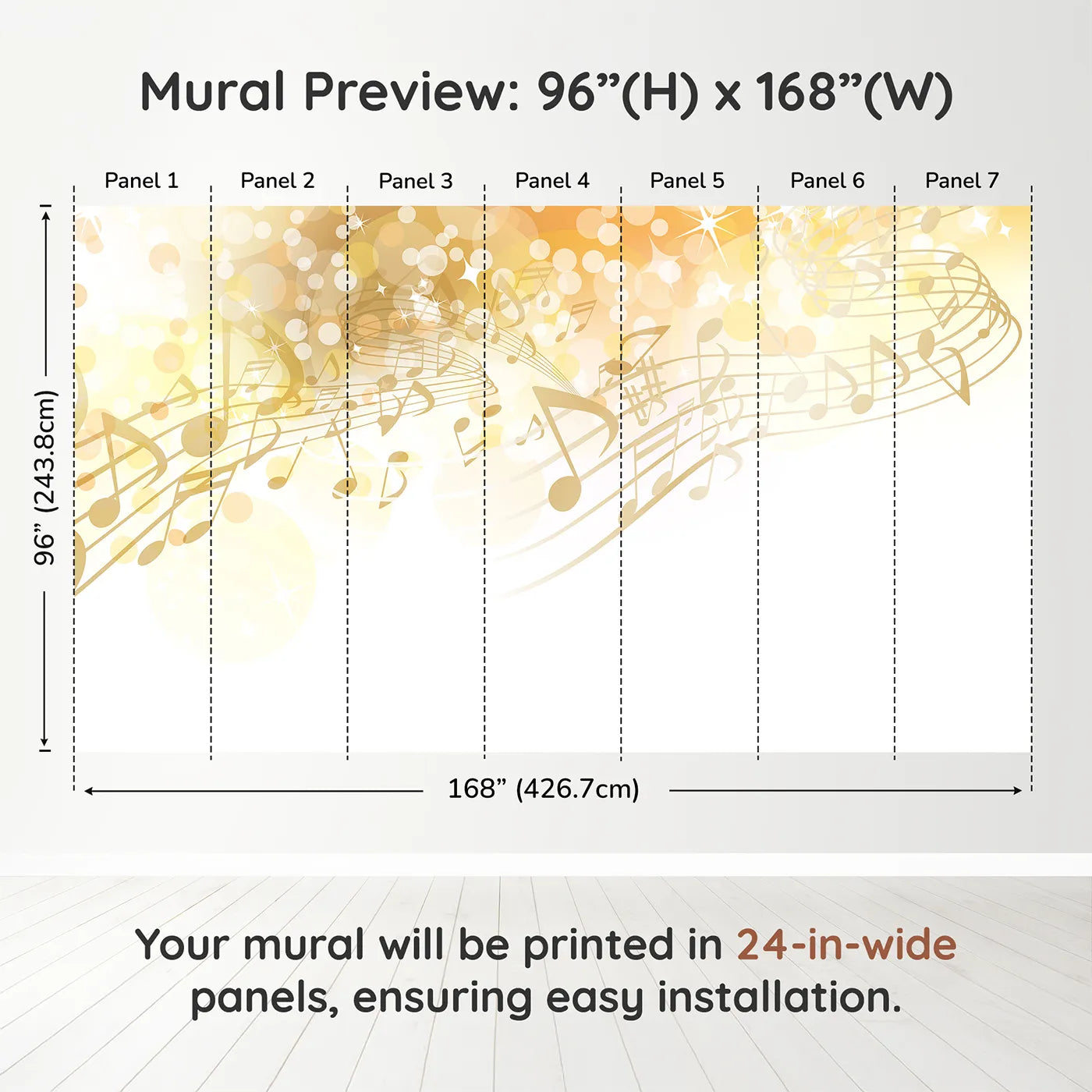 Whimsy Tots Golden Music Sparkle Wall Muraldimension view (96" H x 168" W). Printed in seven 24-inch-wide panels. Gender-Neutral