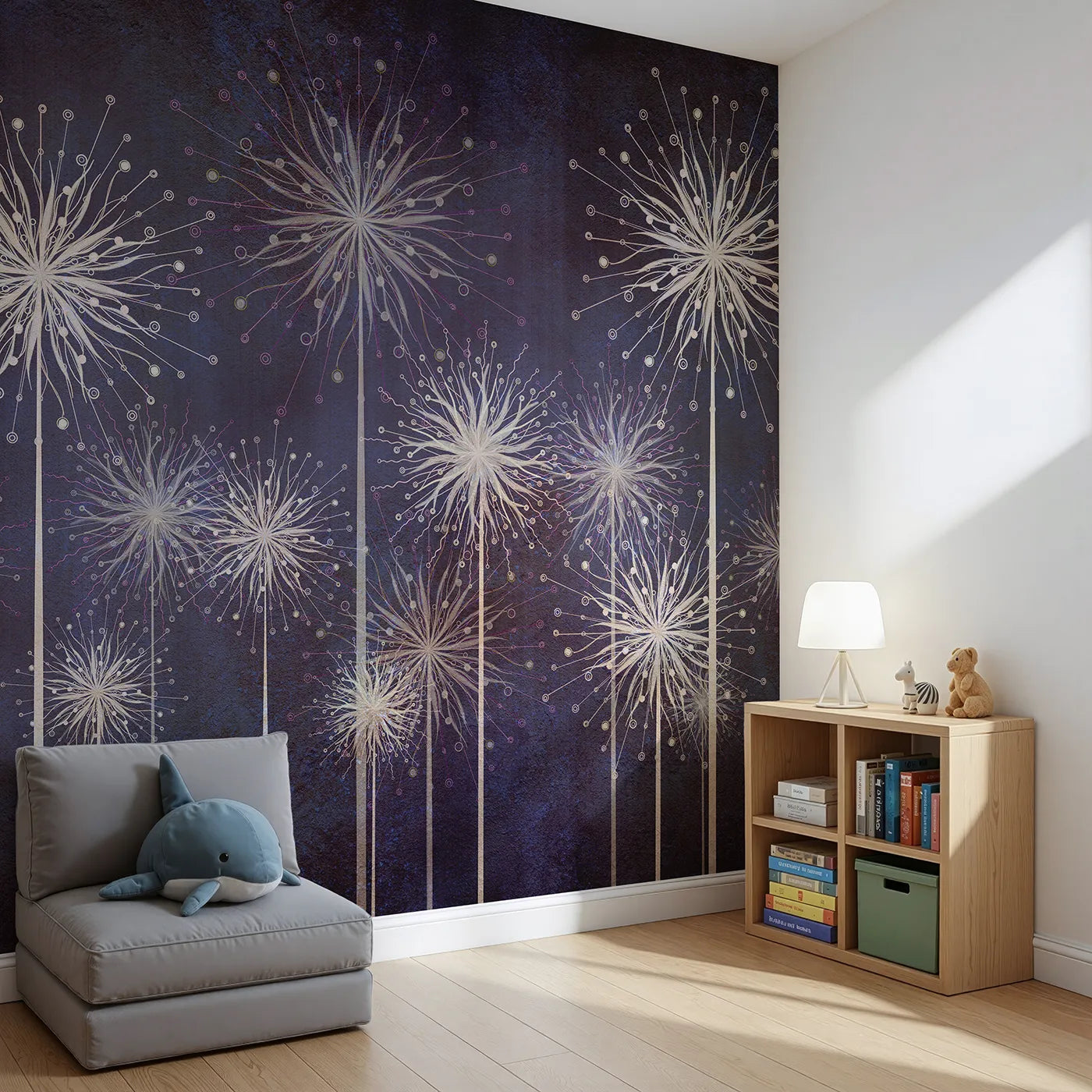 Angled view of Whimsy Tots' Cosmic Dandelions Wall Mural (Turn Their Room into a Field of Starlit Wishes).Gender-Neutral