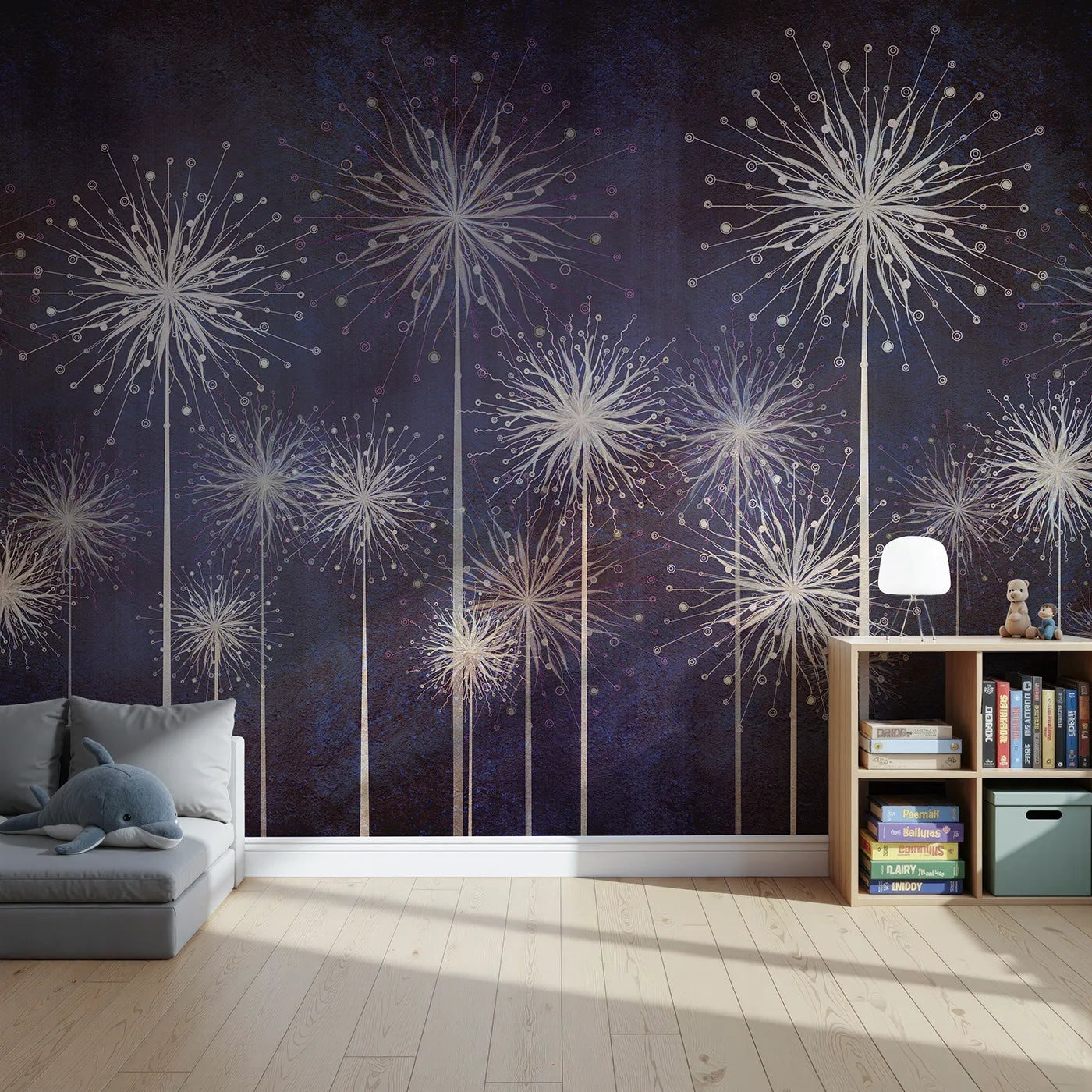 Front view of Whimsy Tots' Cosmic Dandelions Wall Mural