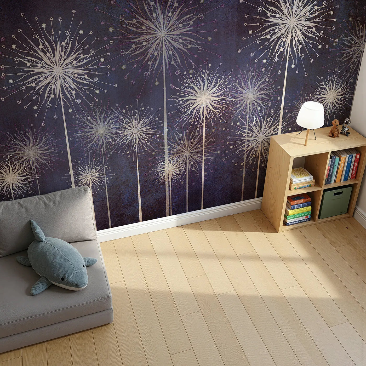 Top-down view of Whimsy Tots' Cosmic Dandelions Wall Mural (Turn Their Room into a Field of Starlit Wishes).Gender-Neutral