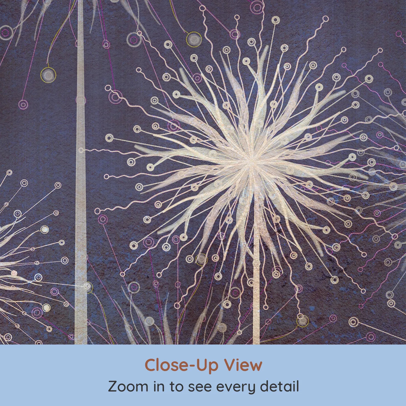 Close-up view of Whimsy Tots' Cosmic Dandelions Wall Mural (Turn Their Room into a Field of Starlit Wishes).Gender-Neutral