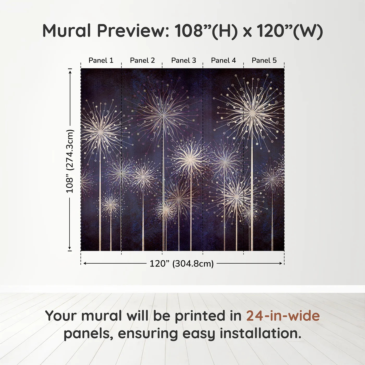 Whimsy Tots Cosmic Dandelions Wall Muraldimension view (108" H x 120" W). Printed in five 24-inch-wide panels. Gender-Neutral