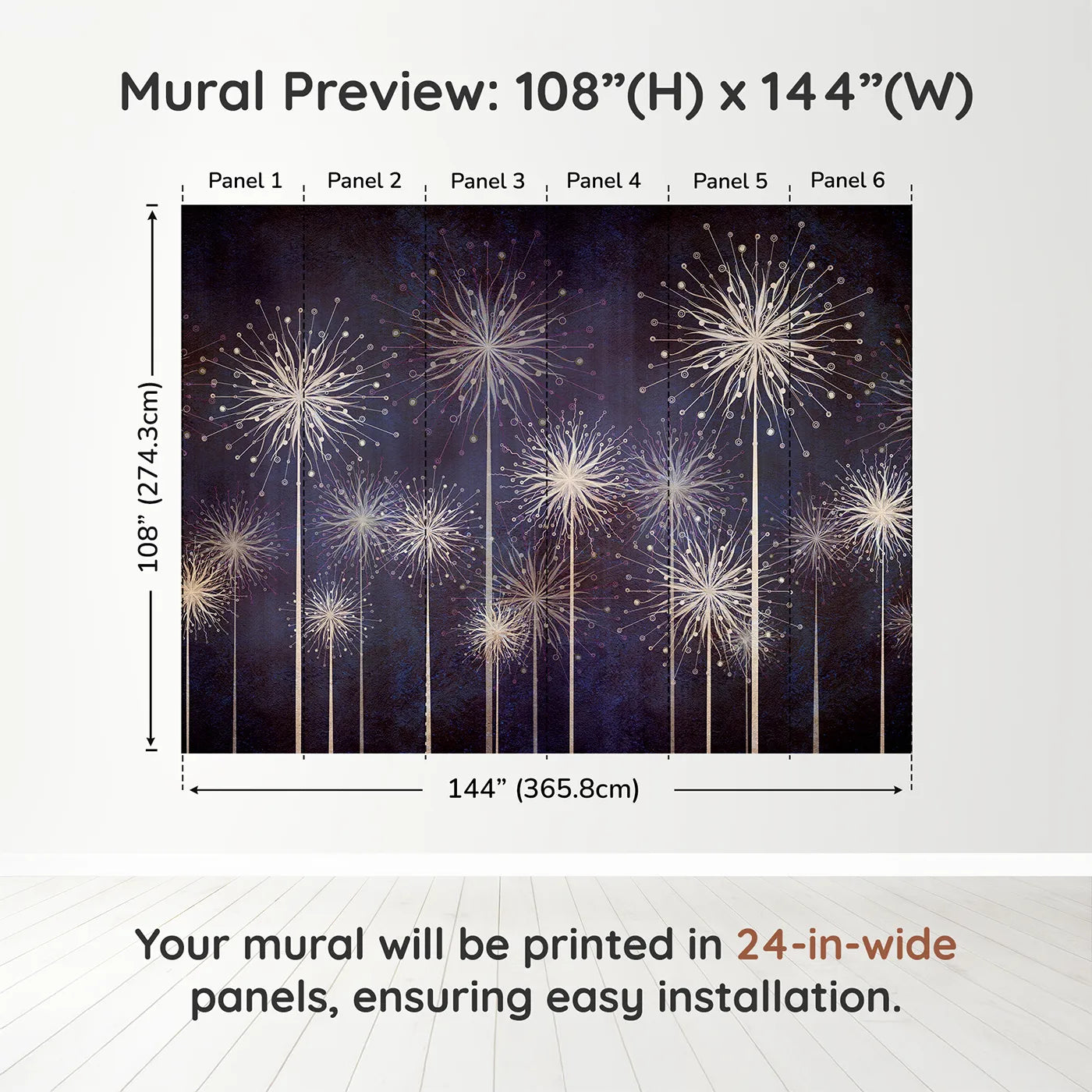 Whimsy Tots Cosmic Dandelions Wall Muraldimension view (108" H x 144" W). Printed in six 24-inch-wide panels. Gender-Neutral