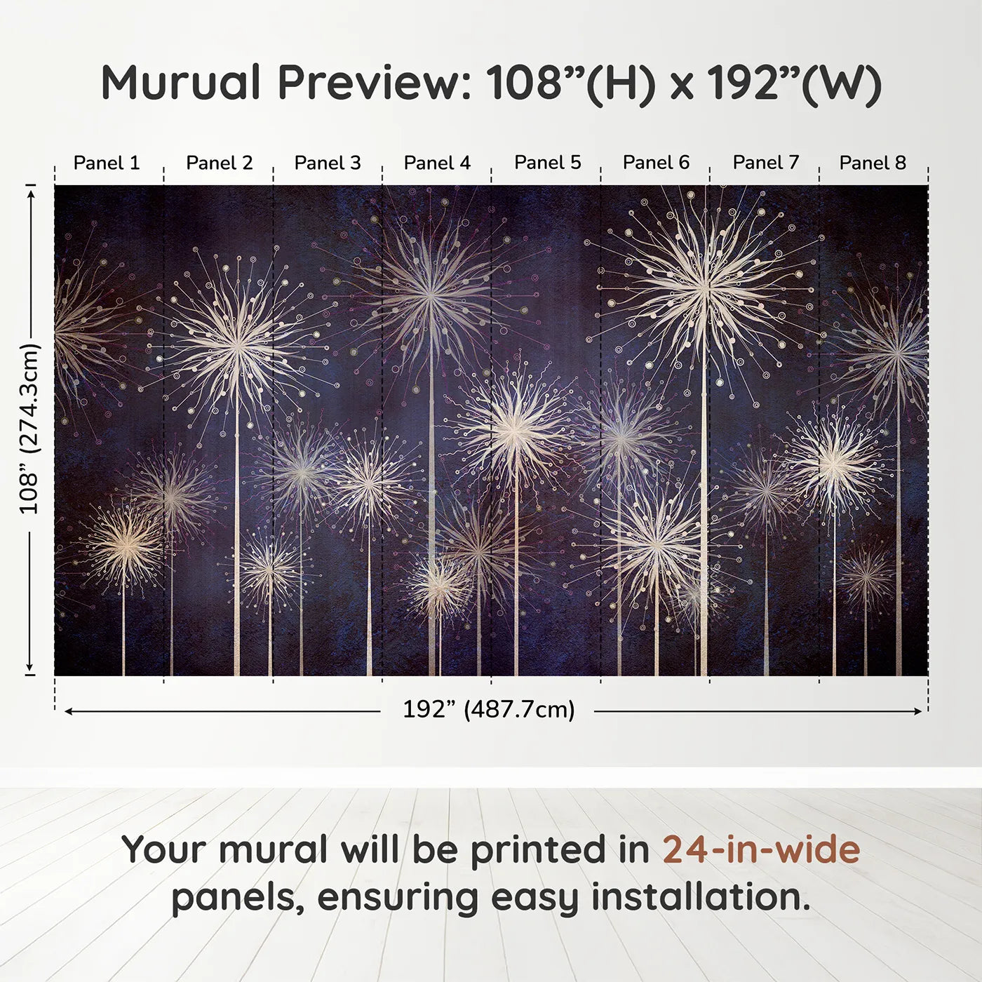 Whimsy Tots Cosmic Dandelions Wall Muraldimension view (108" H x 192" W). Printed in eight 24-inch-wide panels. Gender-Neutral