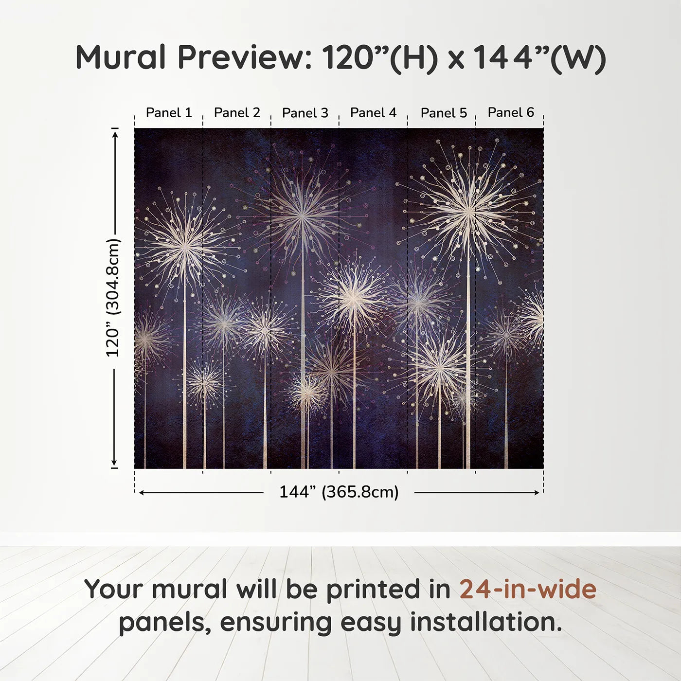 Whimsy Tots Cosmic Dandelions Wall Muraldimension view (120" H x 144" W). Printed in six 24-inch-wide panels. Gender-Neutral