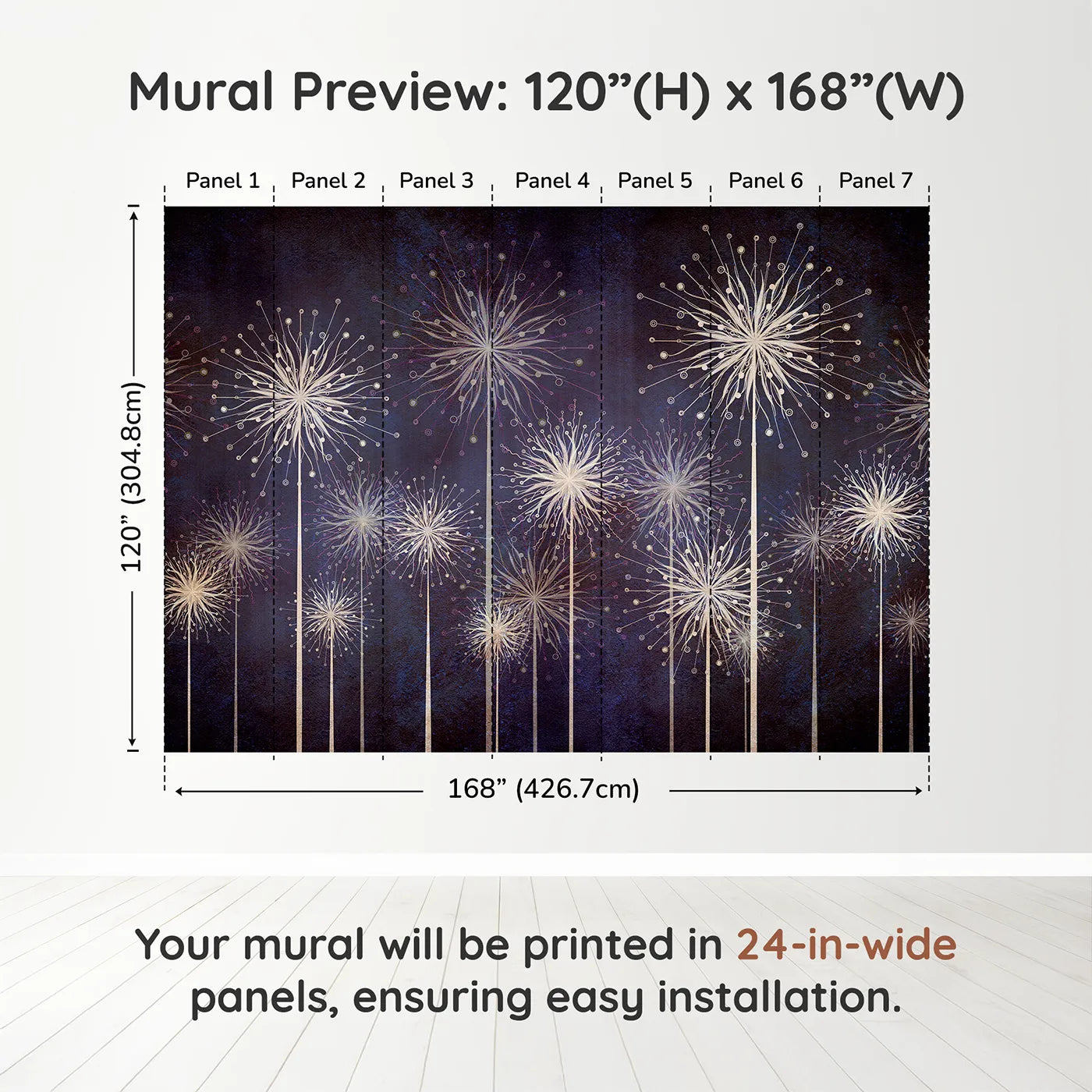 Whimsy Tots Cosmic Dandelions Wall Muraldimension view (120" H x 168" W). Printed in seven 24-inch-wide panels. Gender-Neutral