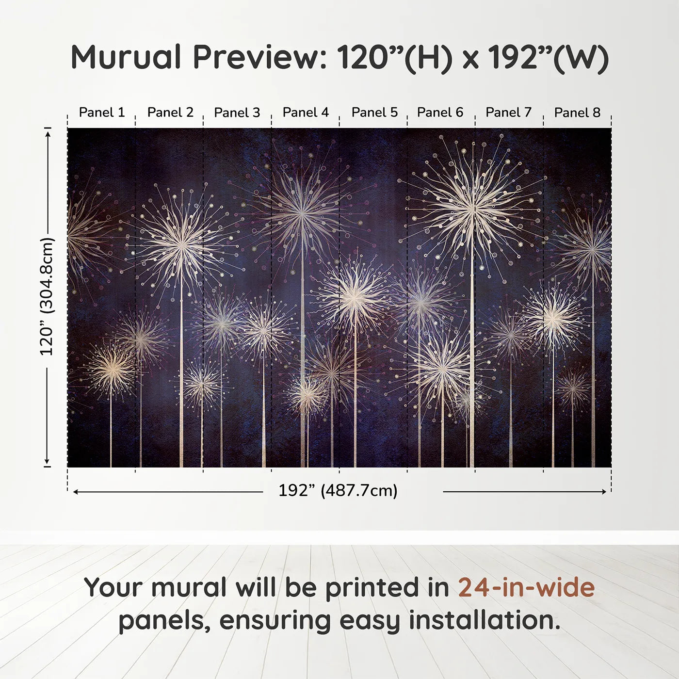 Whimsy Tots Cosmic Dandelions Wall Muraldimension view (120" H x 192" W). Printed in eight 24-inch-wide panels. Gender-Neutral