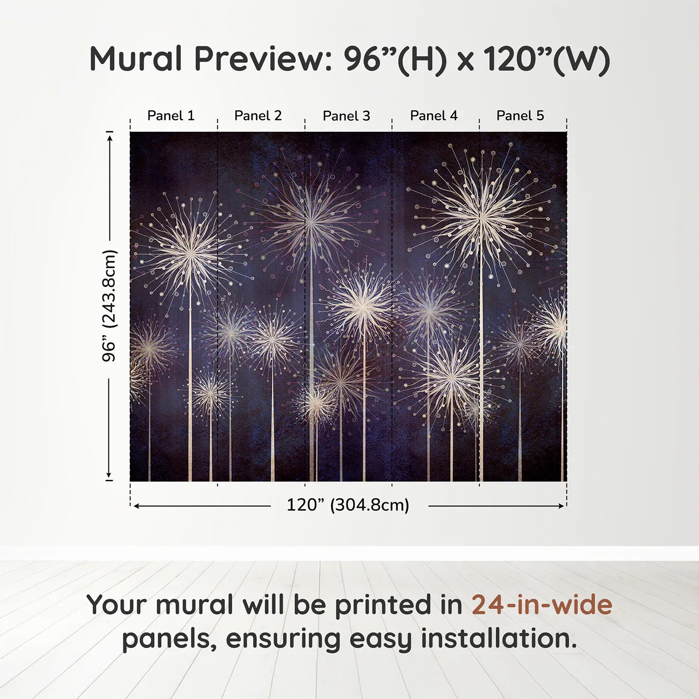 Whimsy Tots Cosmic Dandelions Wall Muraldimension view (96" H x 120" W). Printed in five 24-inch-wide panels. Gender-Neutral