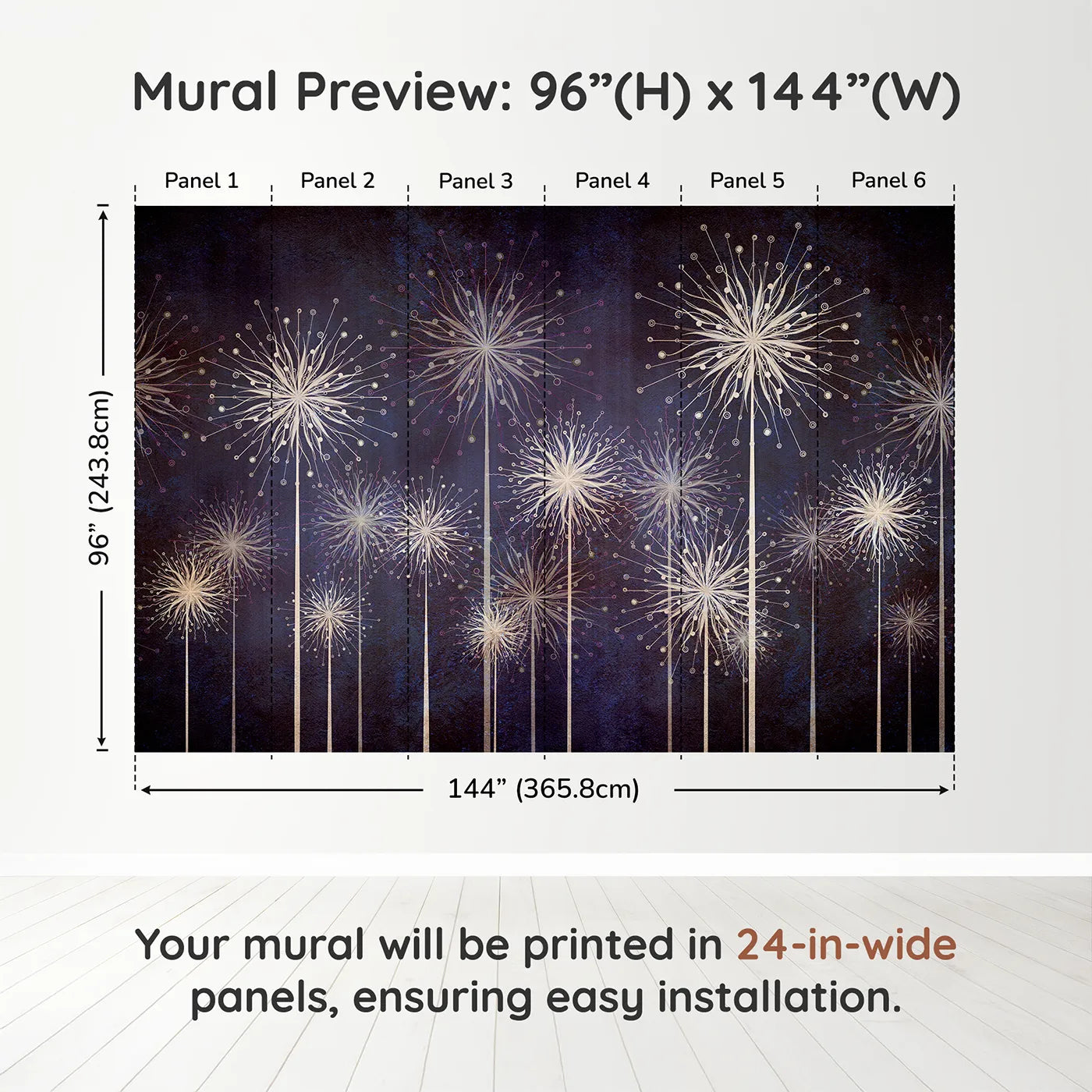Whimsy Tots Cosmic Dandelions Wall Muraldimension view (96" H x 144" W). Printed in six 24-inch-wide panels. Gender-Neutral
