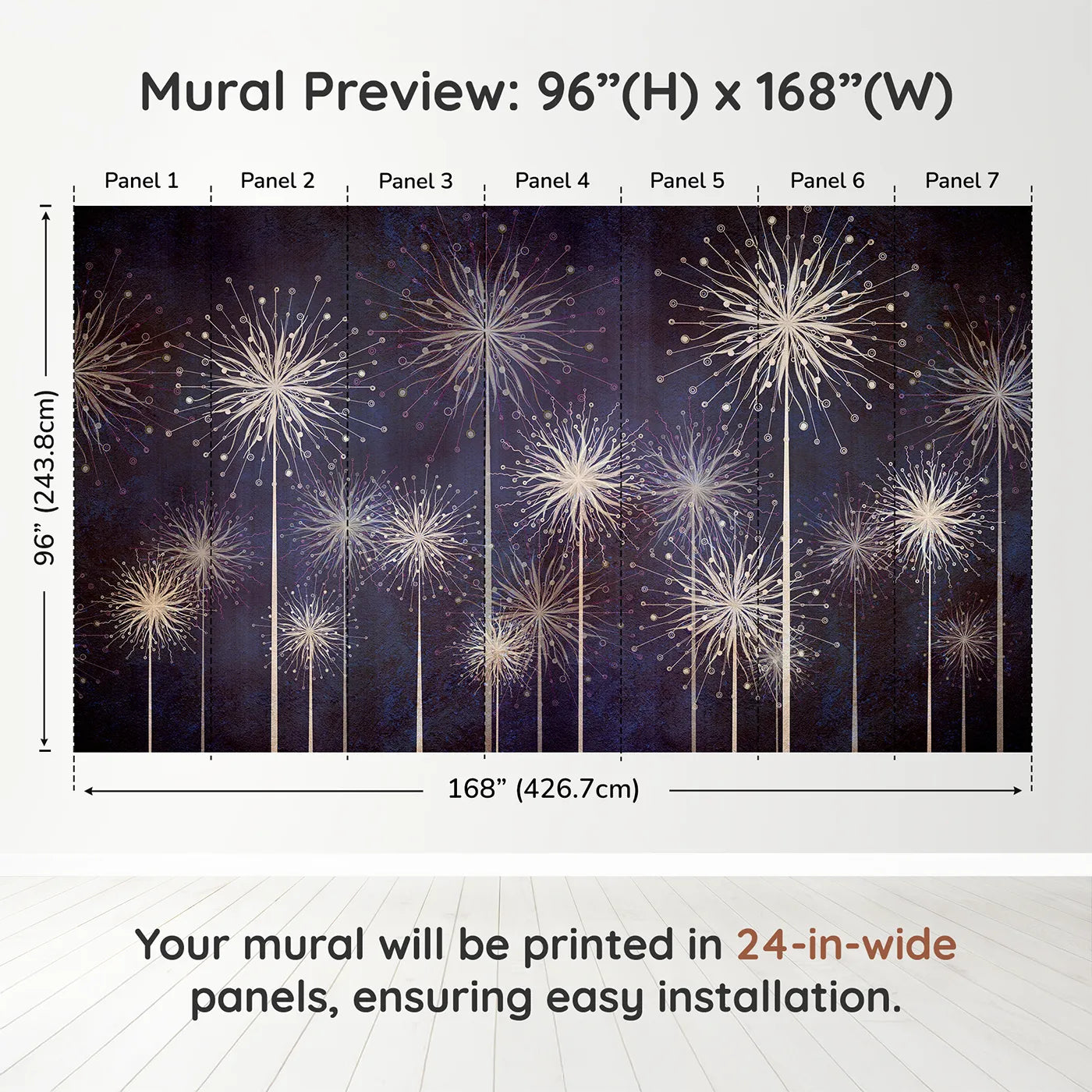 Whimsy Tots Cosmic Dandelions Wall Muraldimension view (96" H x 168" W). Printed in seven 24-inch-wide panels. Gender-Neutral