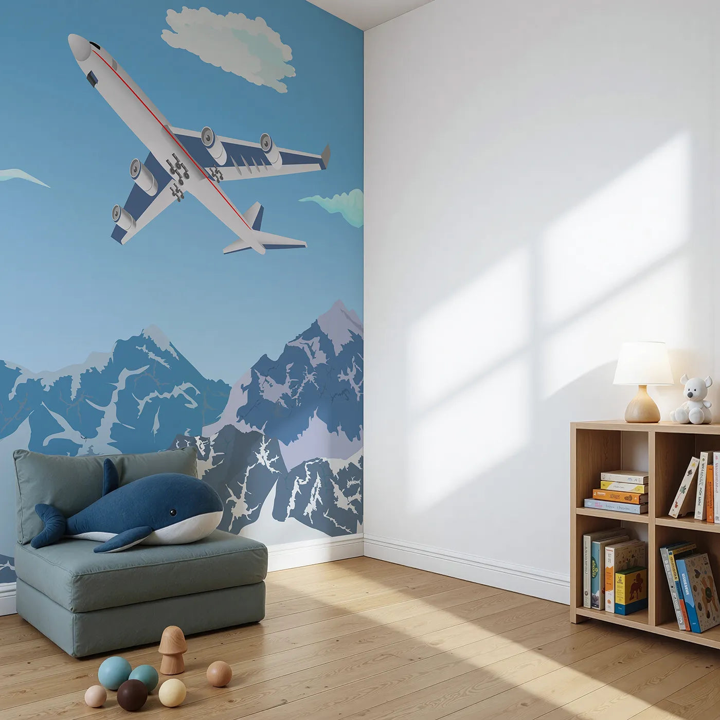 Angled view of Whimsy Tots' Mountain Flight Wall Mural (Turn Their Room into a High-Altitude Adventure).Gender-Neutral