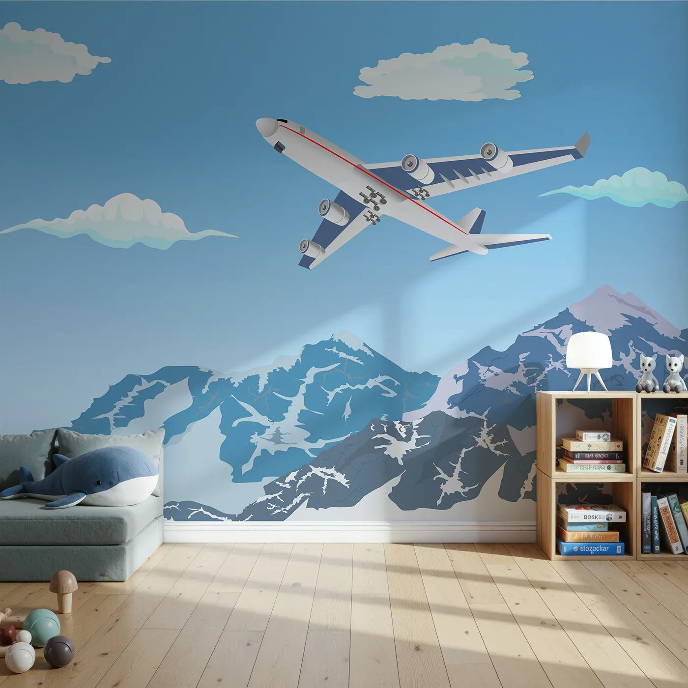 Front view of Whimsy Tots' Mountain Flight Wall Mural