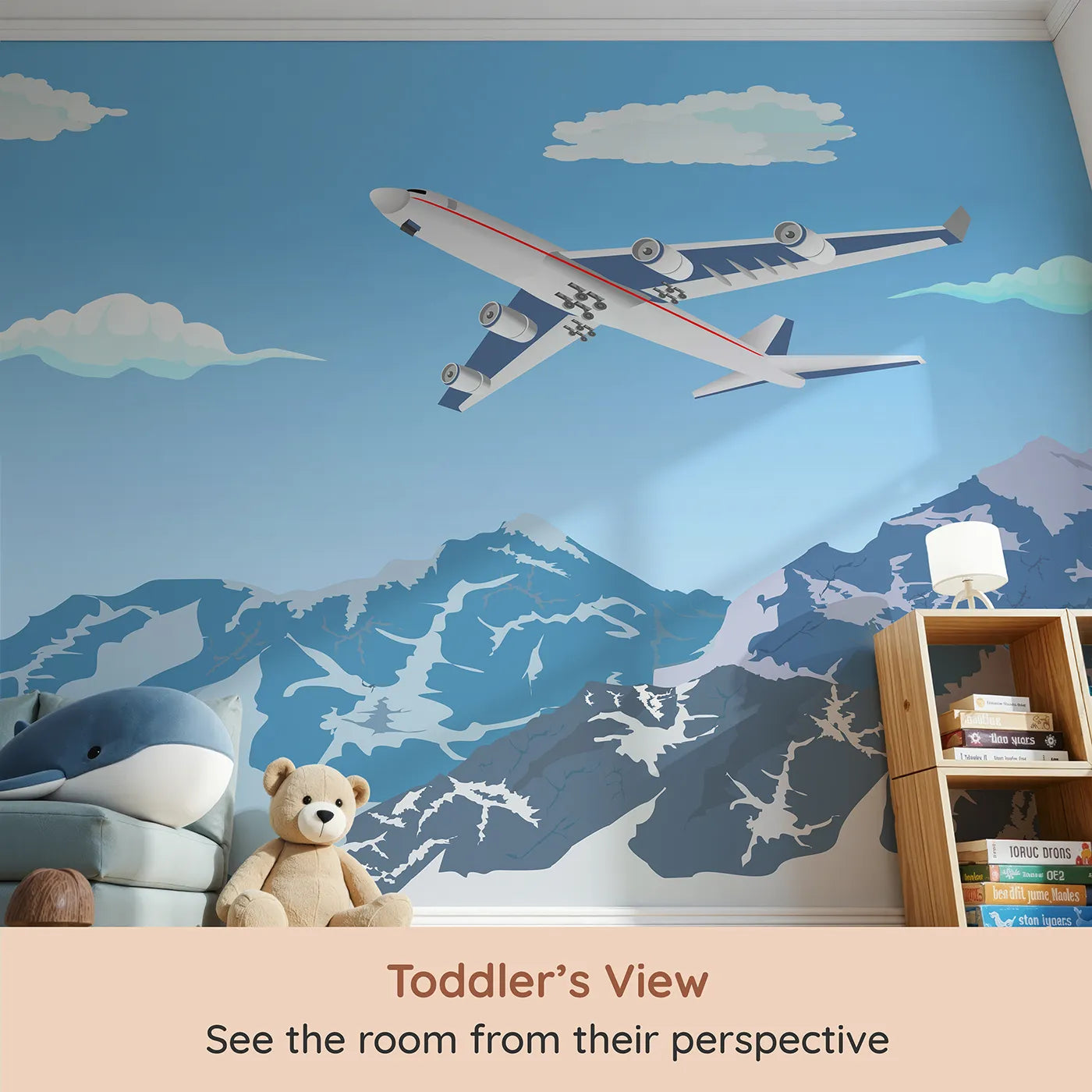 Whimsy Tots Mountain Flight Wall Mural (Turn Their Room into a High-Altitude Adventure) from your child's view.Gender-Neutral
