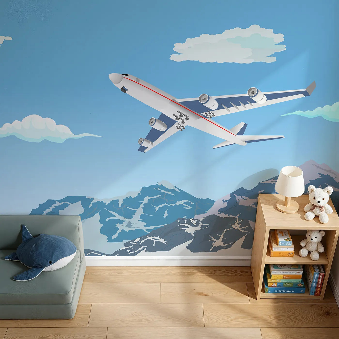 Top-down view of Whimsy Tots' Mountain Flight Wall Mural (Turn Their Room into a High-Altitude Adventure).Gender-Neutral