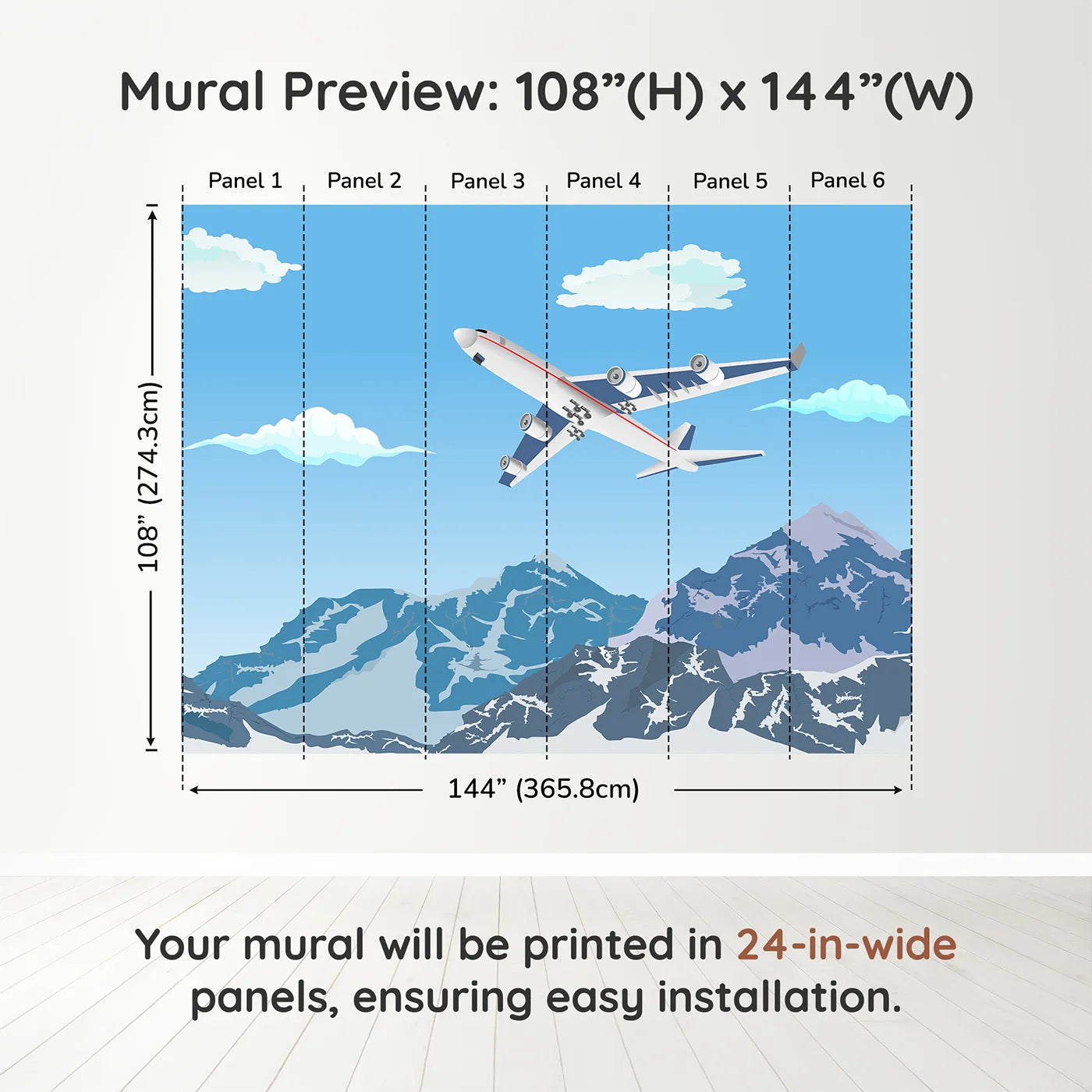 Whimsy Tots Mountain Flight Wall Muraldimension view (108" H x 144" W). Printed in six 24-inch-wide panels. Gender-Neutral