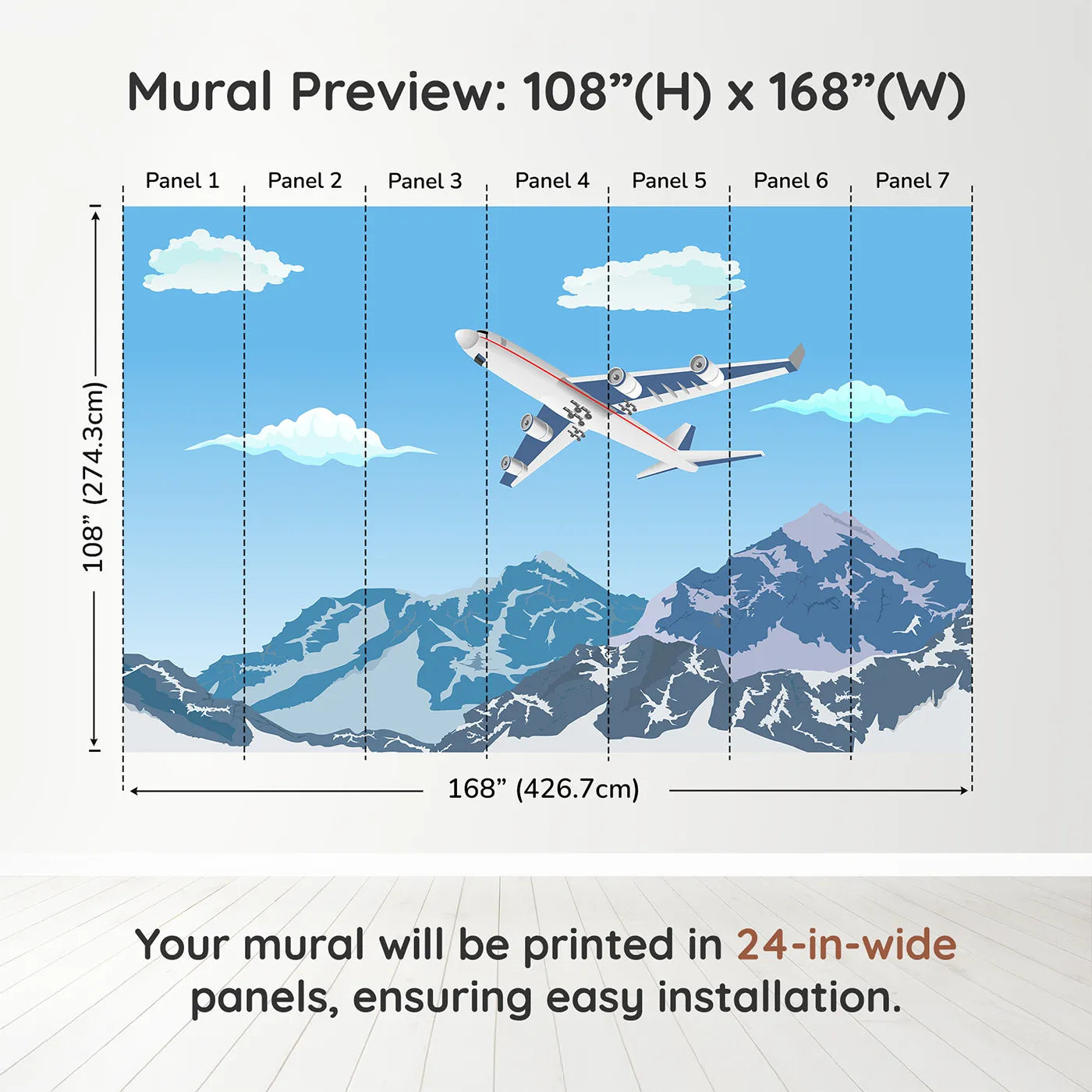 Whimsy Tots Mountain Flight Wall Muraldimension view (108" H x 168" W). Printed in seven 24-inch-wide panels. Gender-Neutral