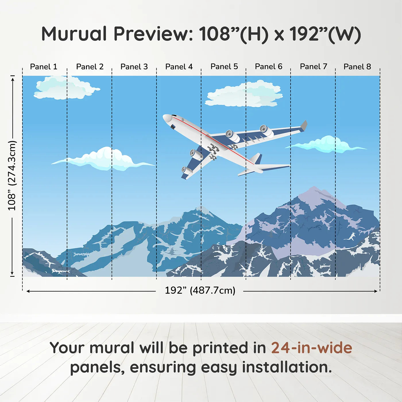 Whimsy Tots Mountain Flight Wall Muraldimension view (108" H x 192" W). Printed in eight 24-inch-wide panels. Gender-Neutral