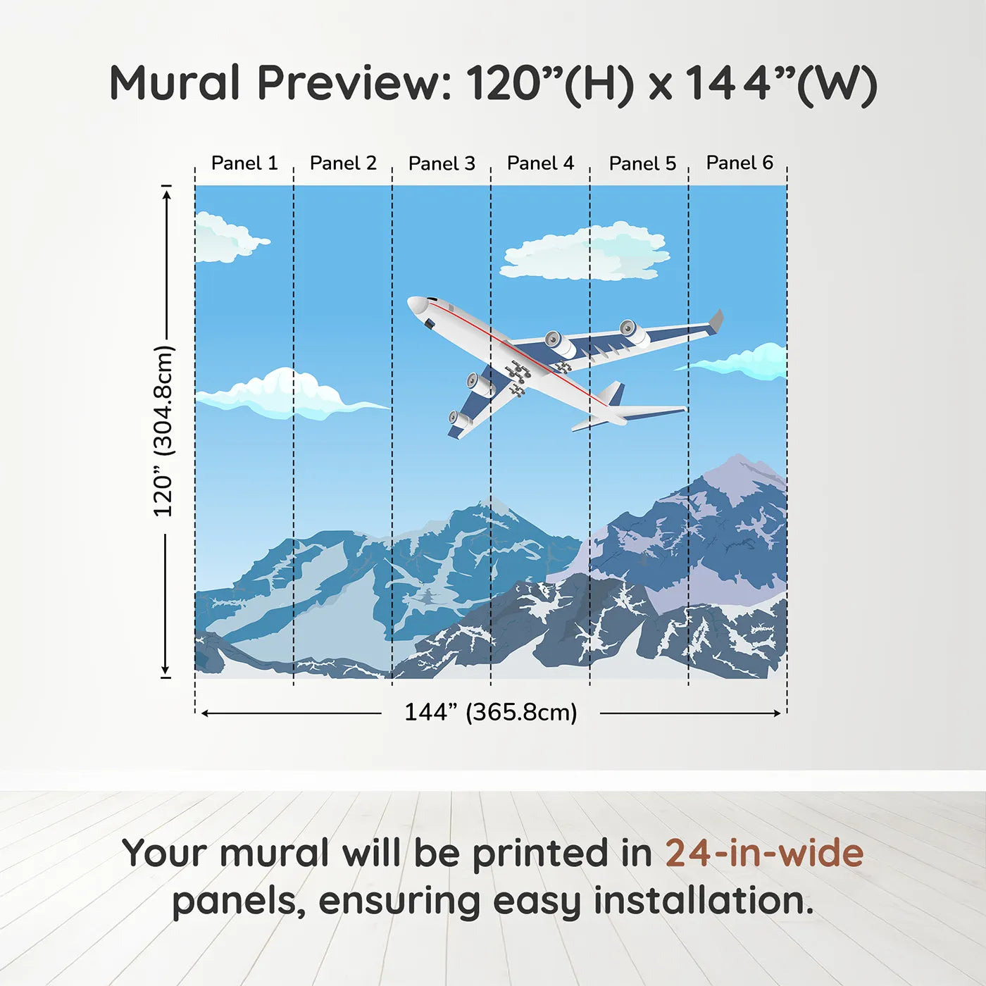 Whimsy Tots Mountain Flight Wall Muraldimension view (120" H x 144" W). Printed in six 24-inch-wide panels. Gender-Neutral