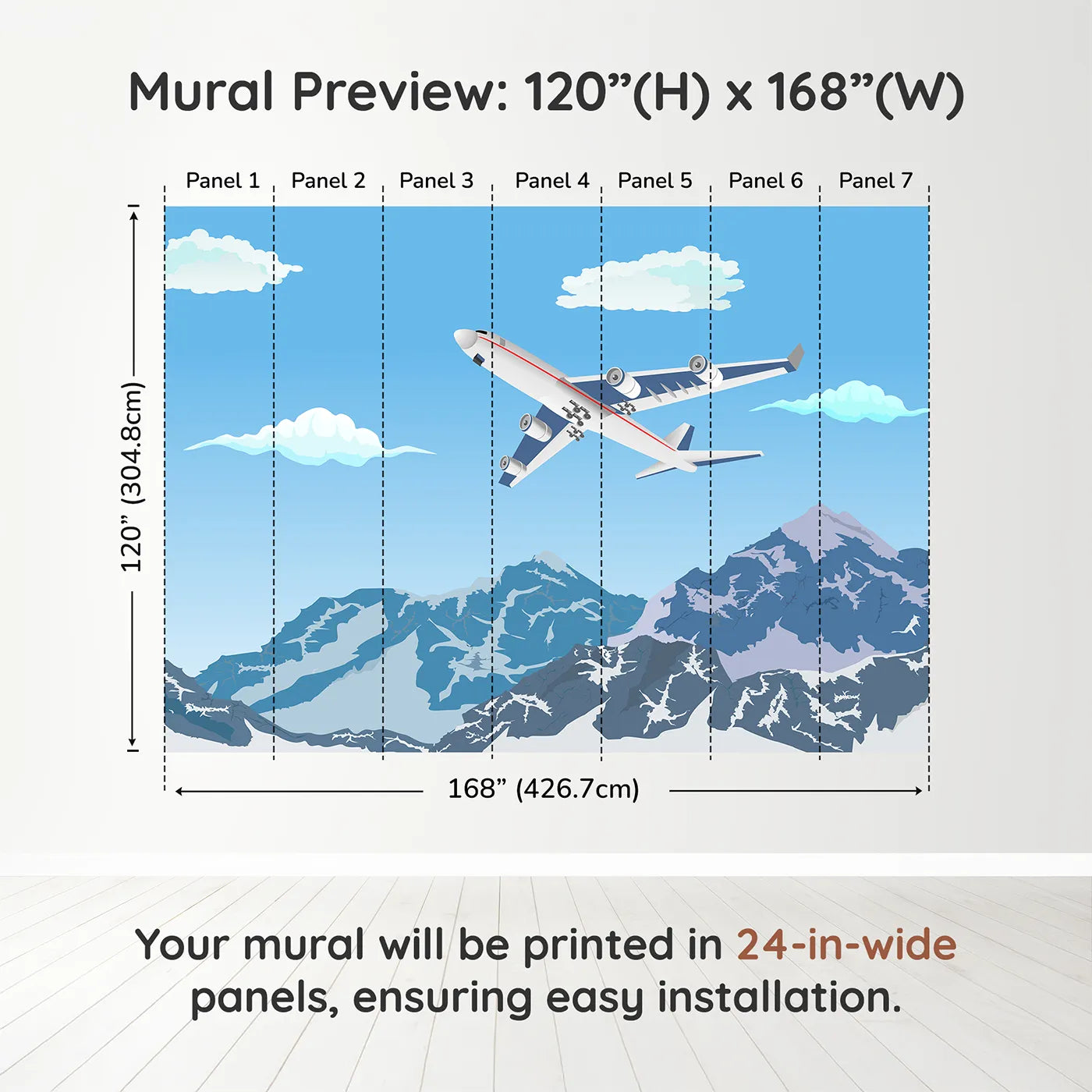 Whimsy Tots Mountain Flight Wall Muraldimension view (120" H x 168" W). Printed in seven 24-inch-wide panels. Gender-Neutral