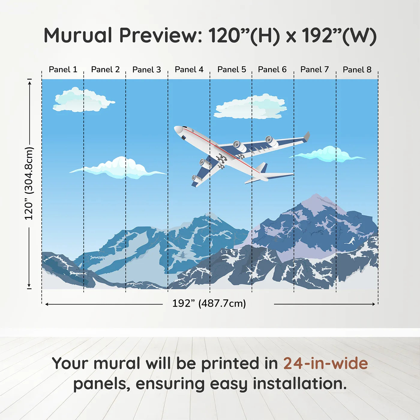 Whimsy Tots Mountain Flight Wall Muraldimension view (120" H x 192" W). Printed in eight 24-inch-wide panels. Gender-Neutral