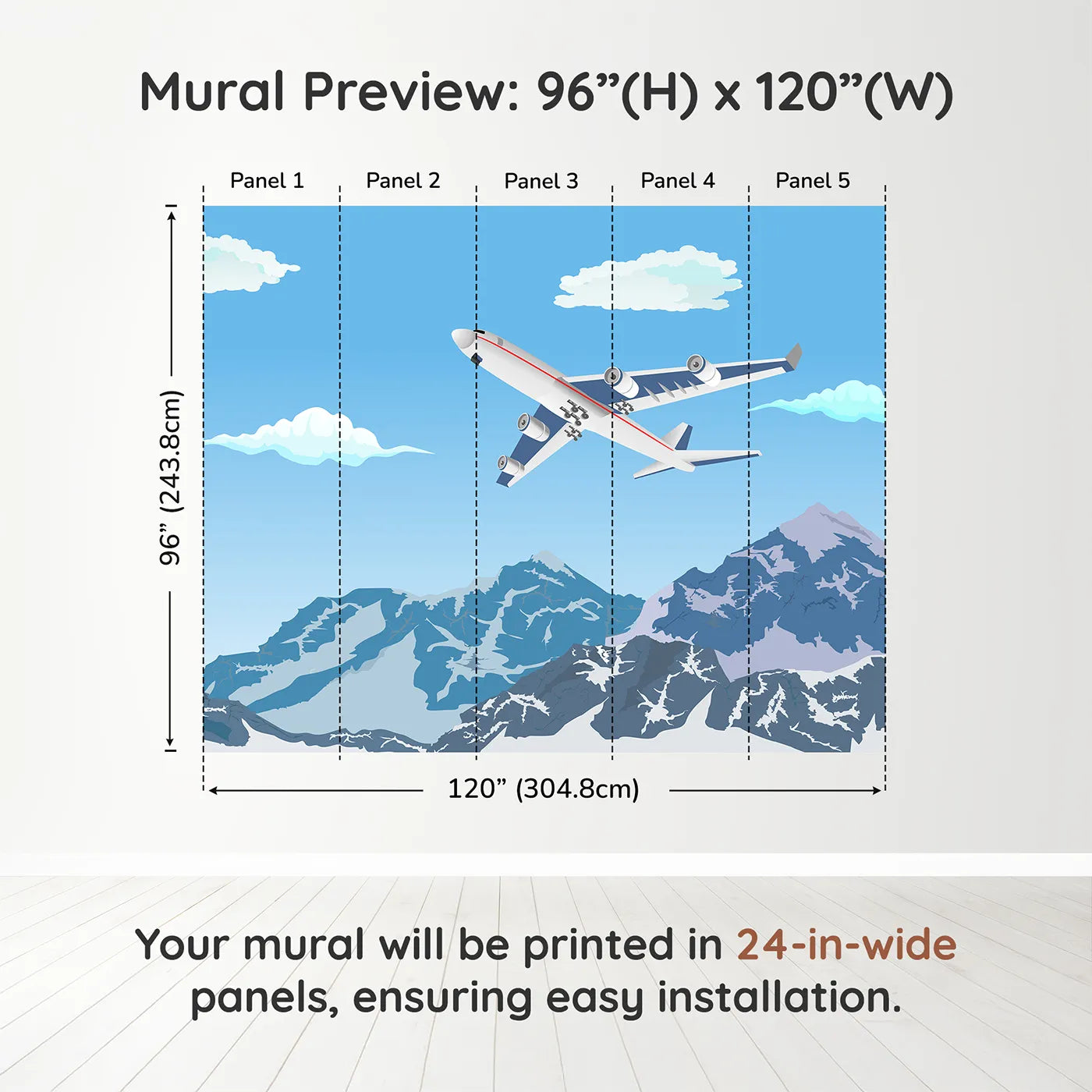 Whimsy Tots Mountain Flight Wall Muraldimension view (96" H x 120" W). Printed in five 24-inch-wide panels. Gender-Neutral