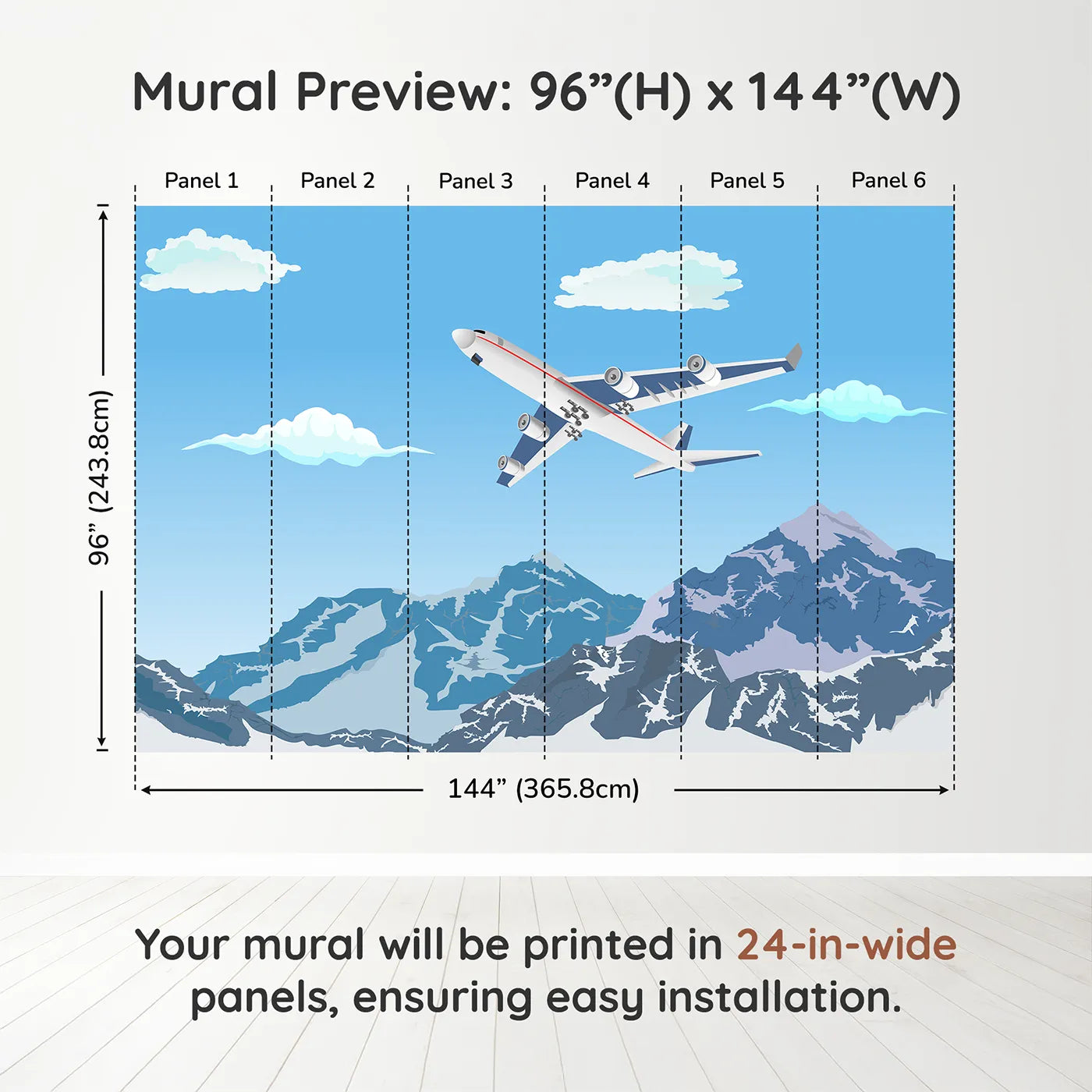 Whimsy Tots Mountain Flight Wall Muraldimension view (96" H x 144" W). Printed in six 24-inch-wide panels. Gender-Neutral